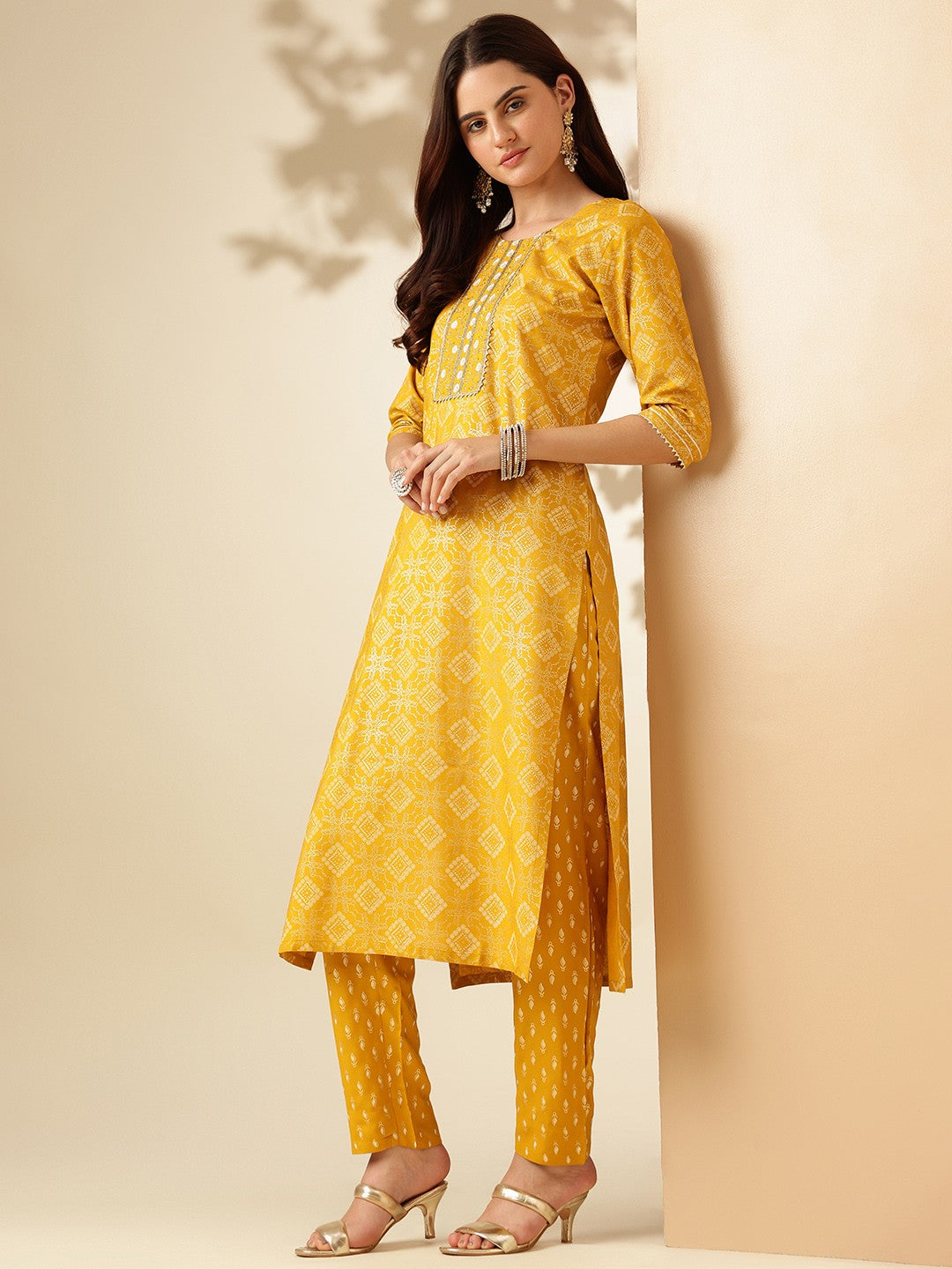 Embroidered Yellow Rayon Kurti Pant Sets For Women