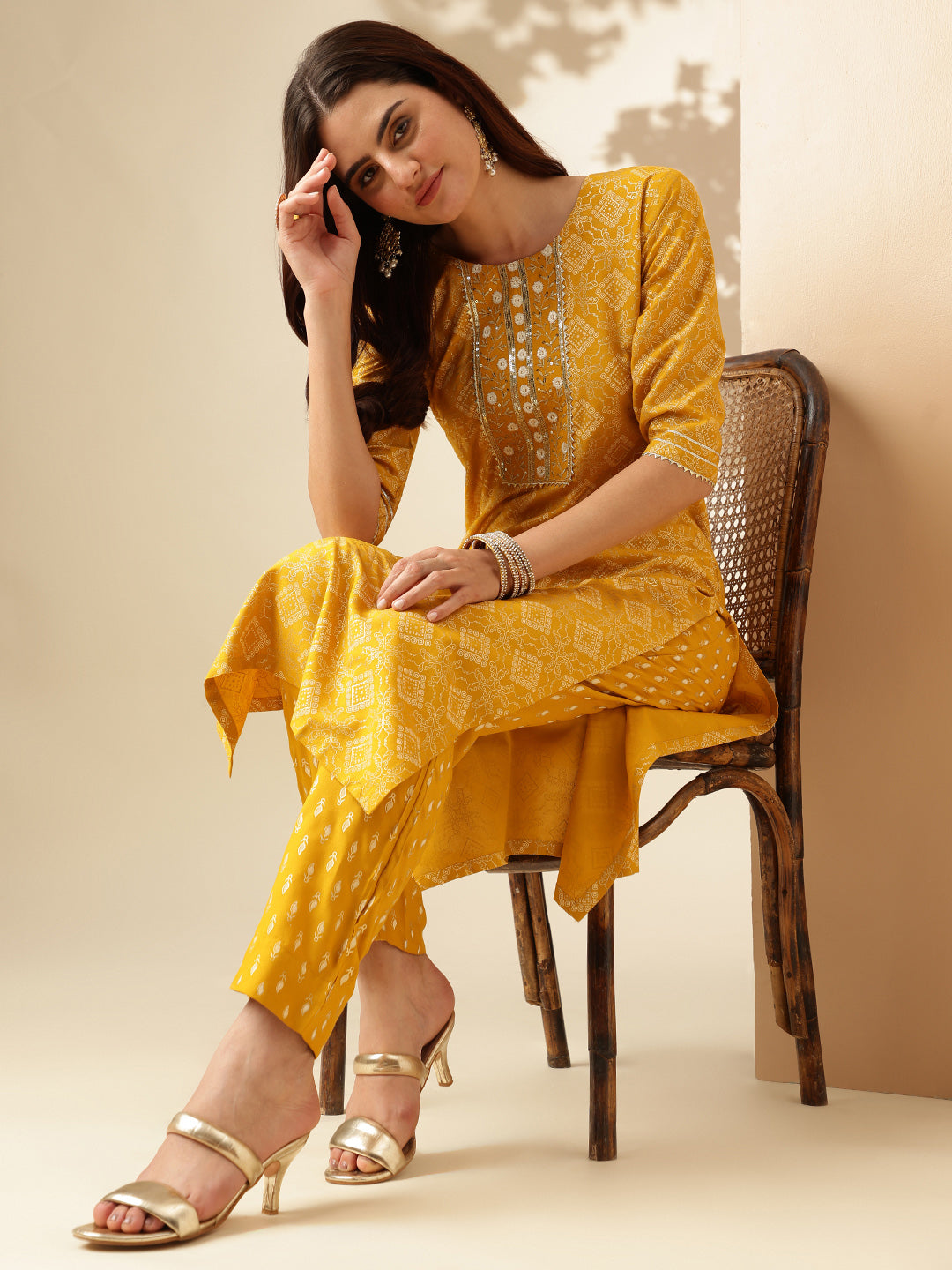 Embroidered Yellow Rayon Kurti Pant Sets For Women