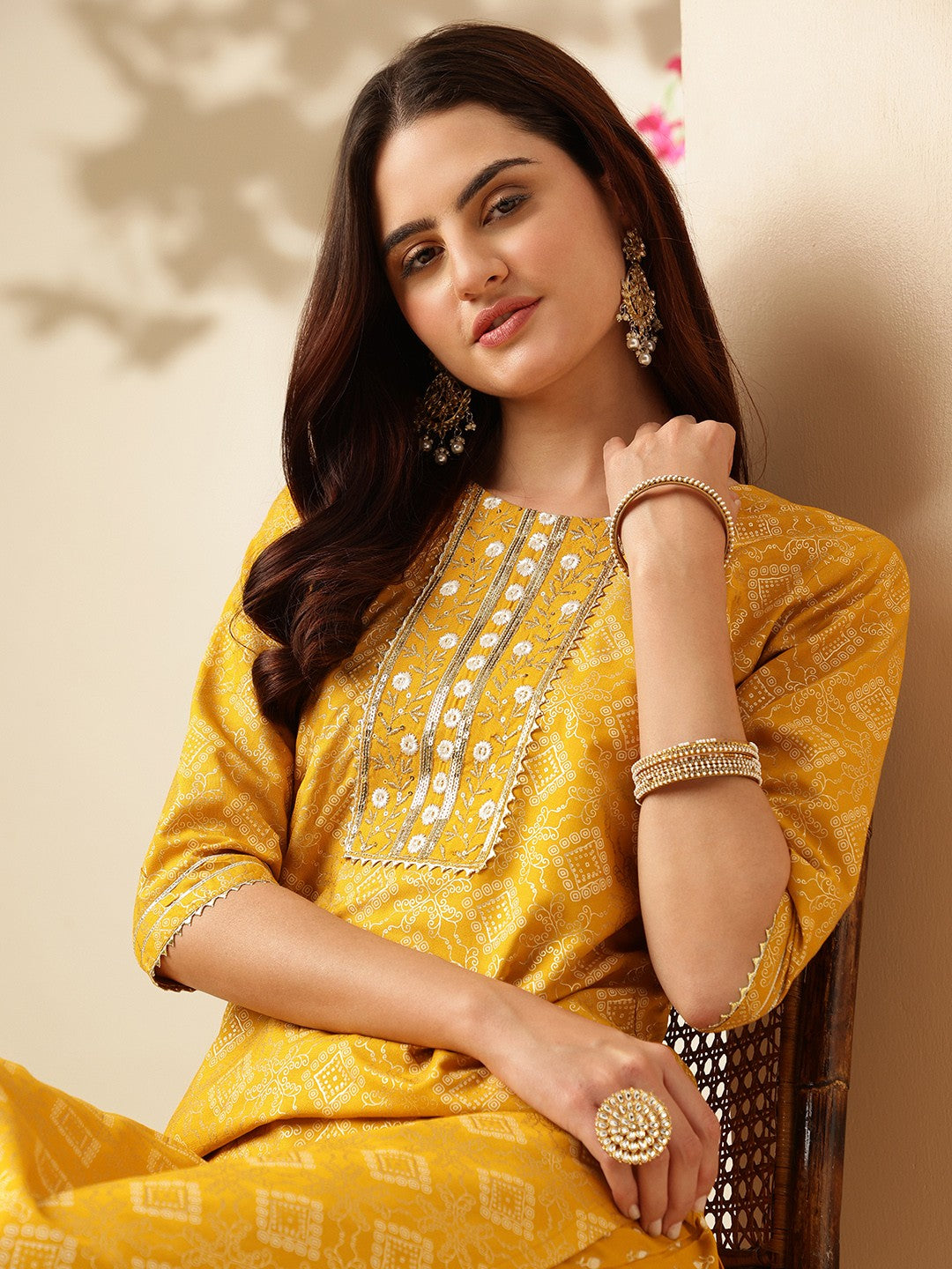 Embroidered Yellow Rayon Kurti Pant Sets For Women