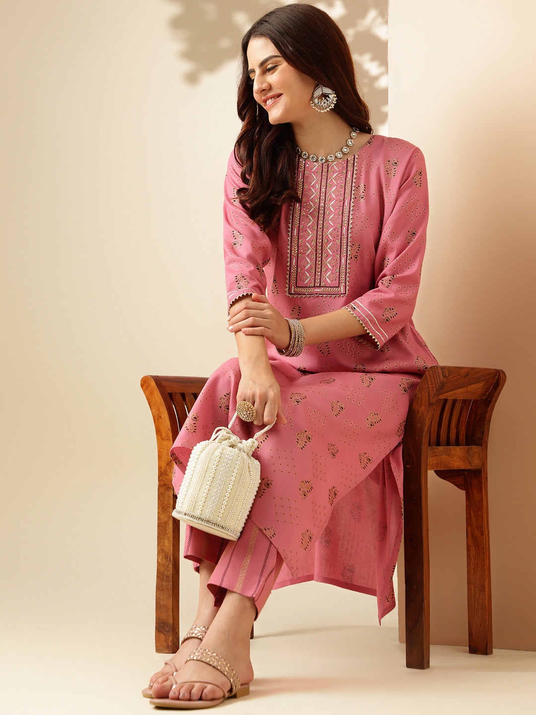 Embroidered Wine Rayon Kurta Sets For Women