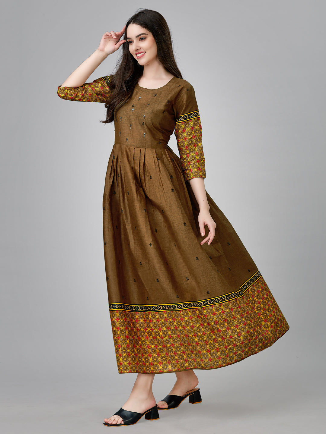 Brown Cotton Printed Anarkali Kurti