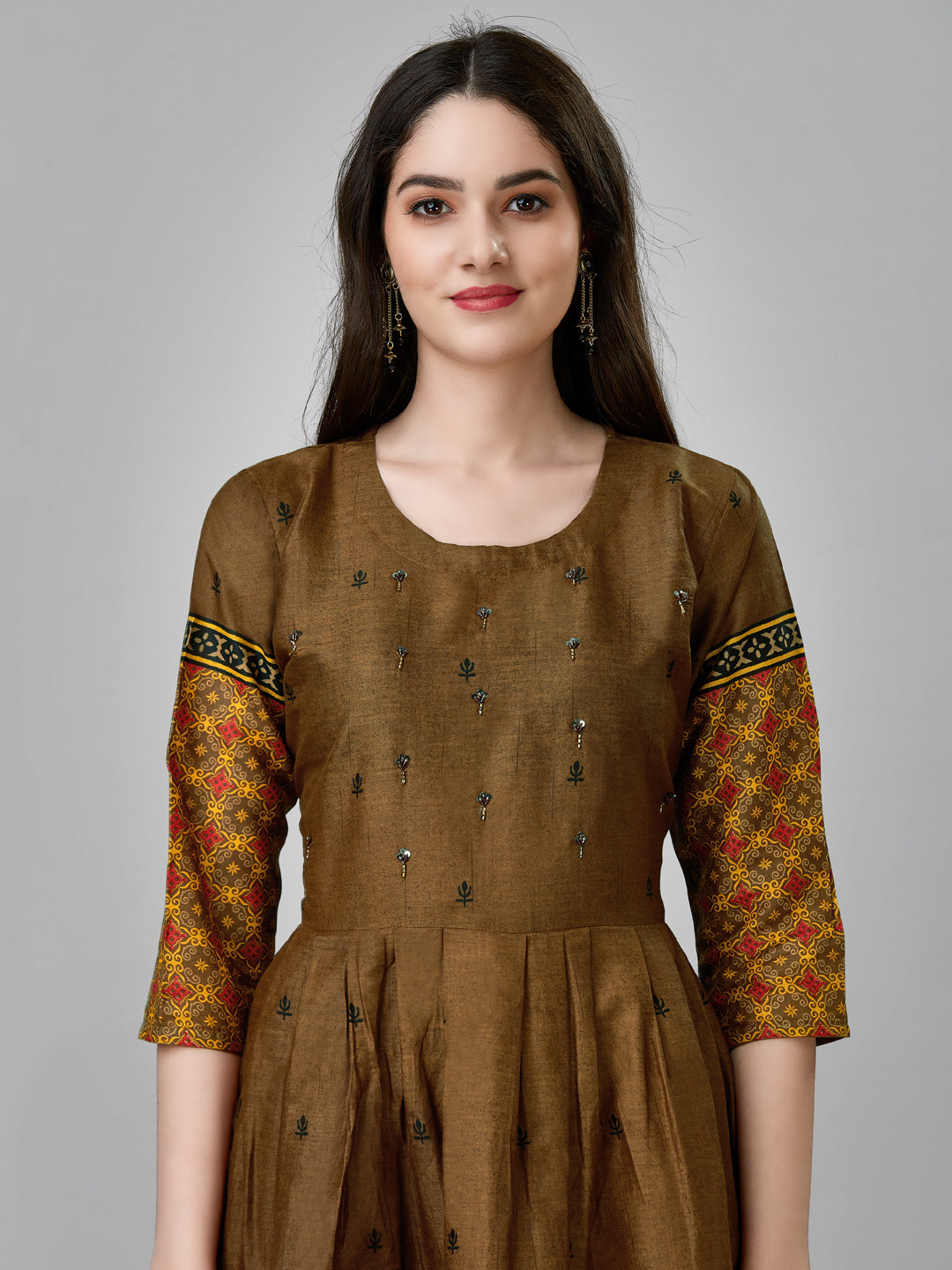 Brown Cotton Anarkali Kurti With Thread Work