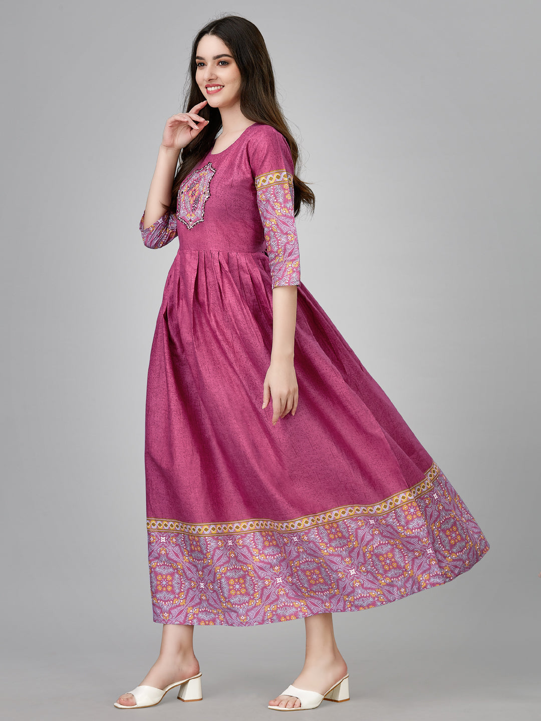 Anarkali Suit Cotton Printed Pink Embroidered