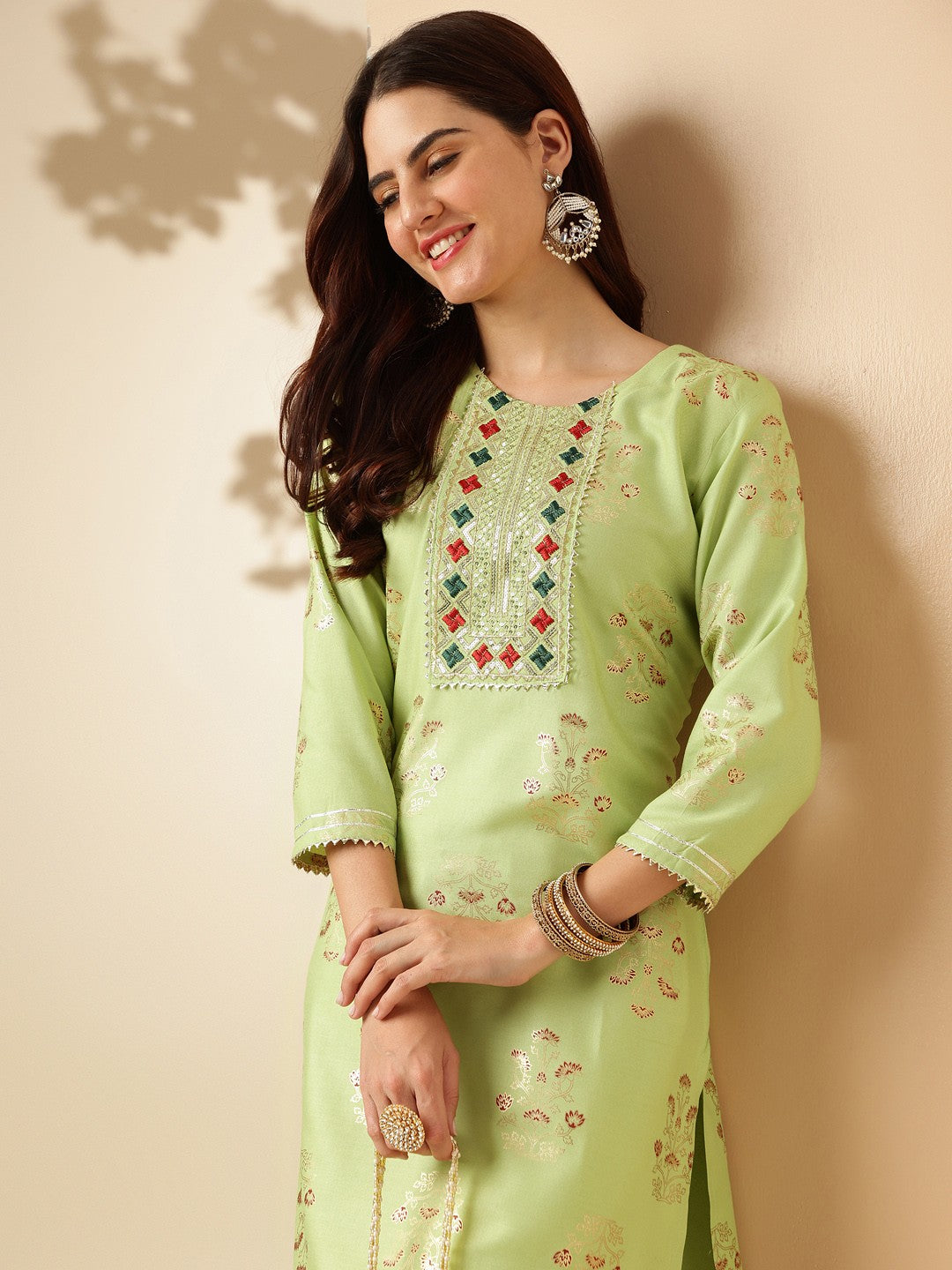 Embroidered Parrot Green Rayon Kurta Pant Sets For Women