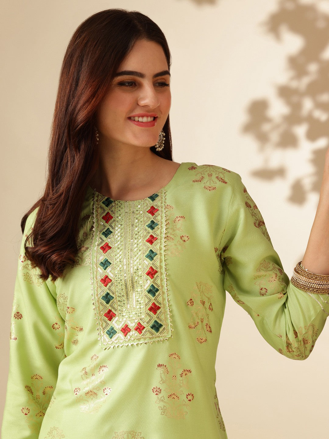 Embroidered Parrot Green Rayon Kurta Pant Sets For Women