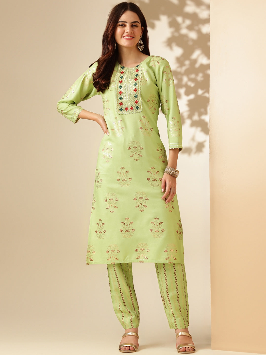 Embroidered Parrot Green Rayon Kurta Pant Sets For Women