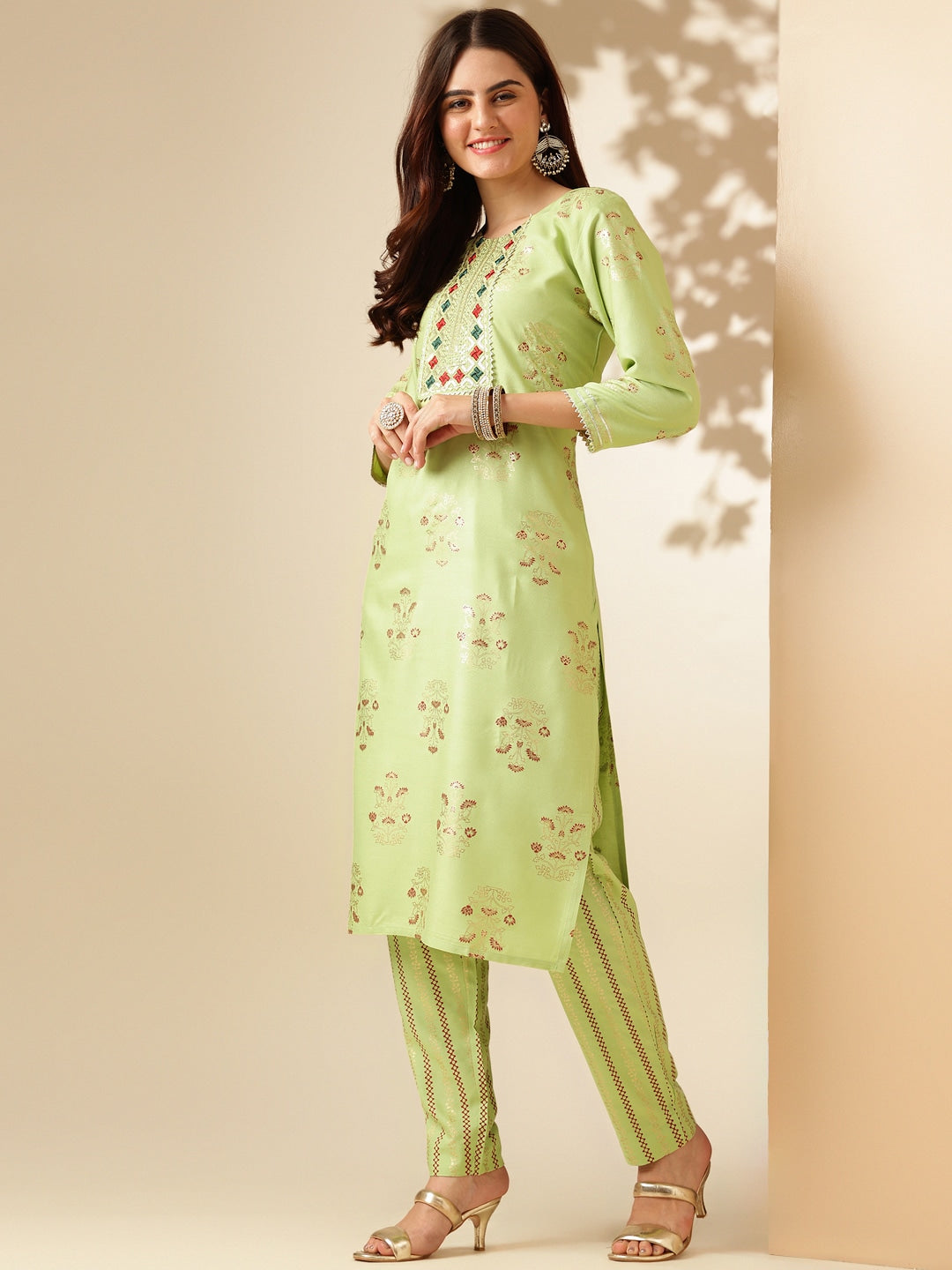 Embroidered Parrot Green Rayon Kurta Pant Sets For Women