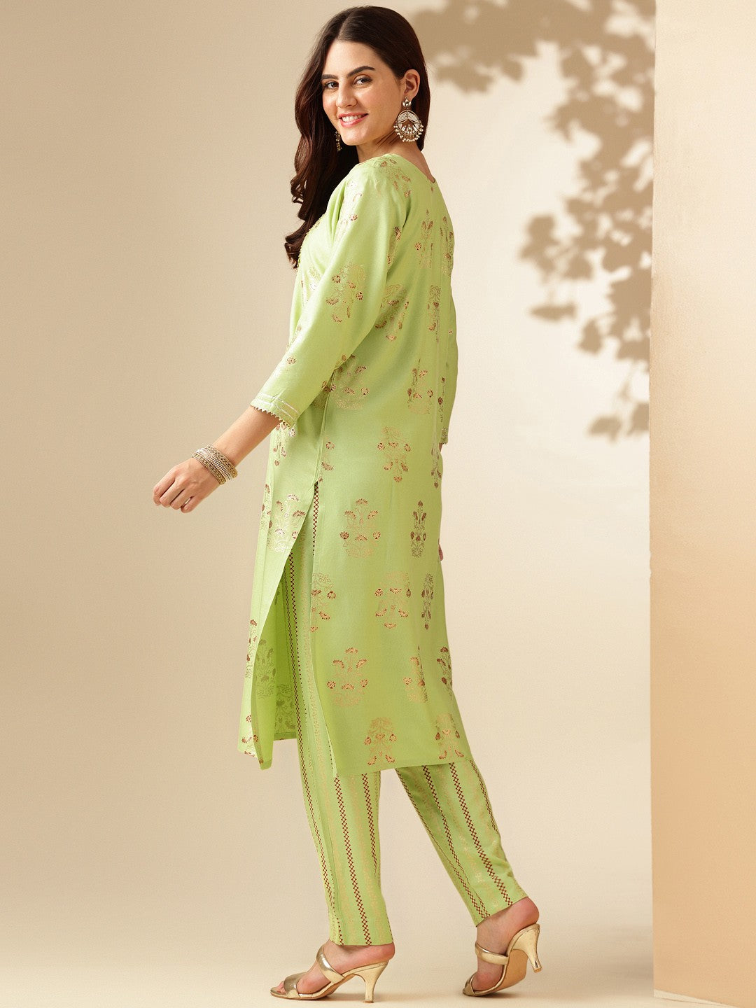 Embroidered Parrot Green Rayon Kurta Pant Sets For Women