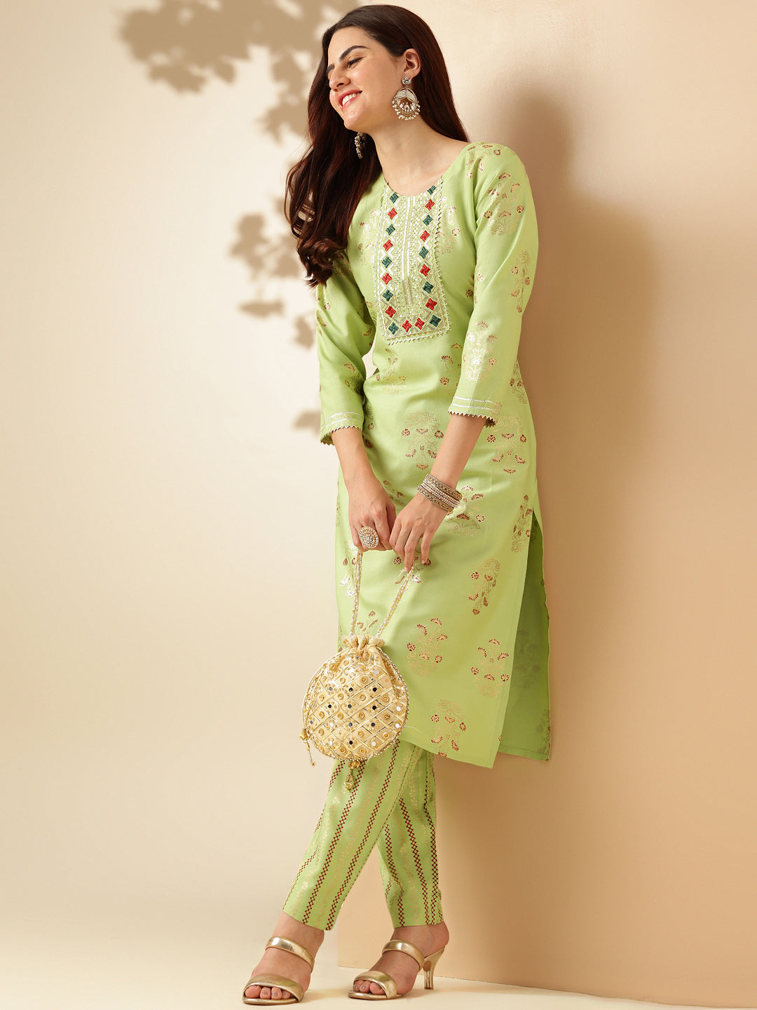 Embroidered Parrot Green Rayon Kurta Pant Sets For Women