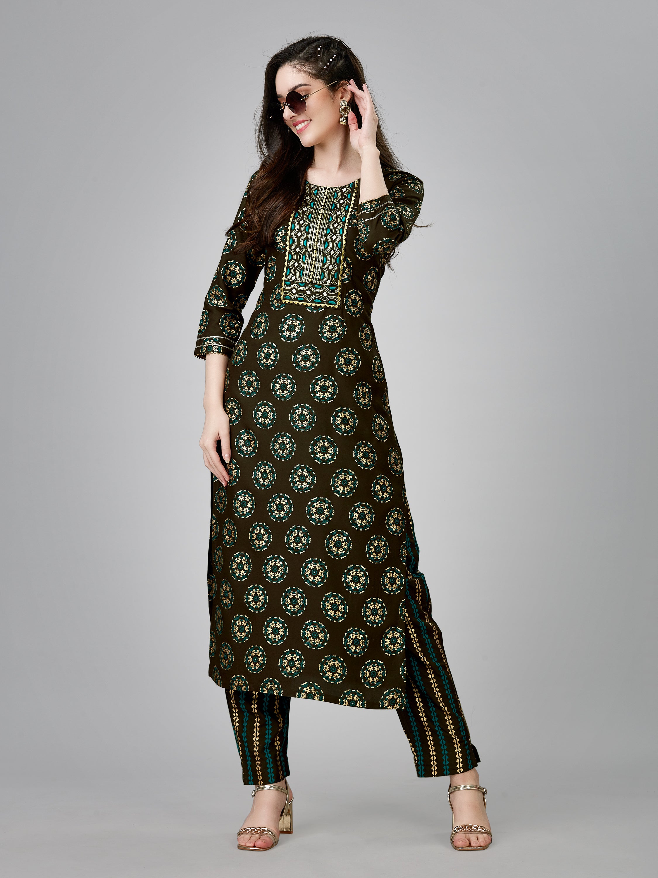 Embroidered Dark Coffee Rayon Kurti Pant Sets For Women