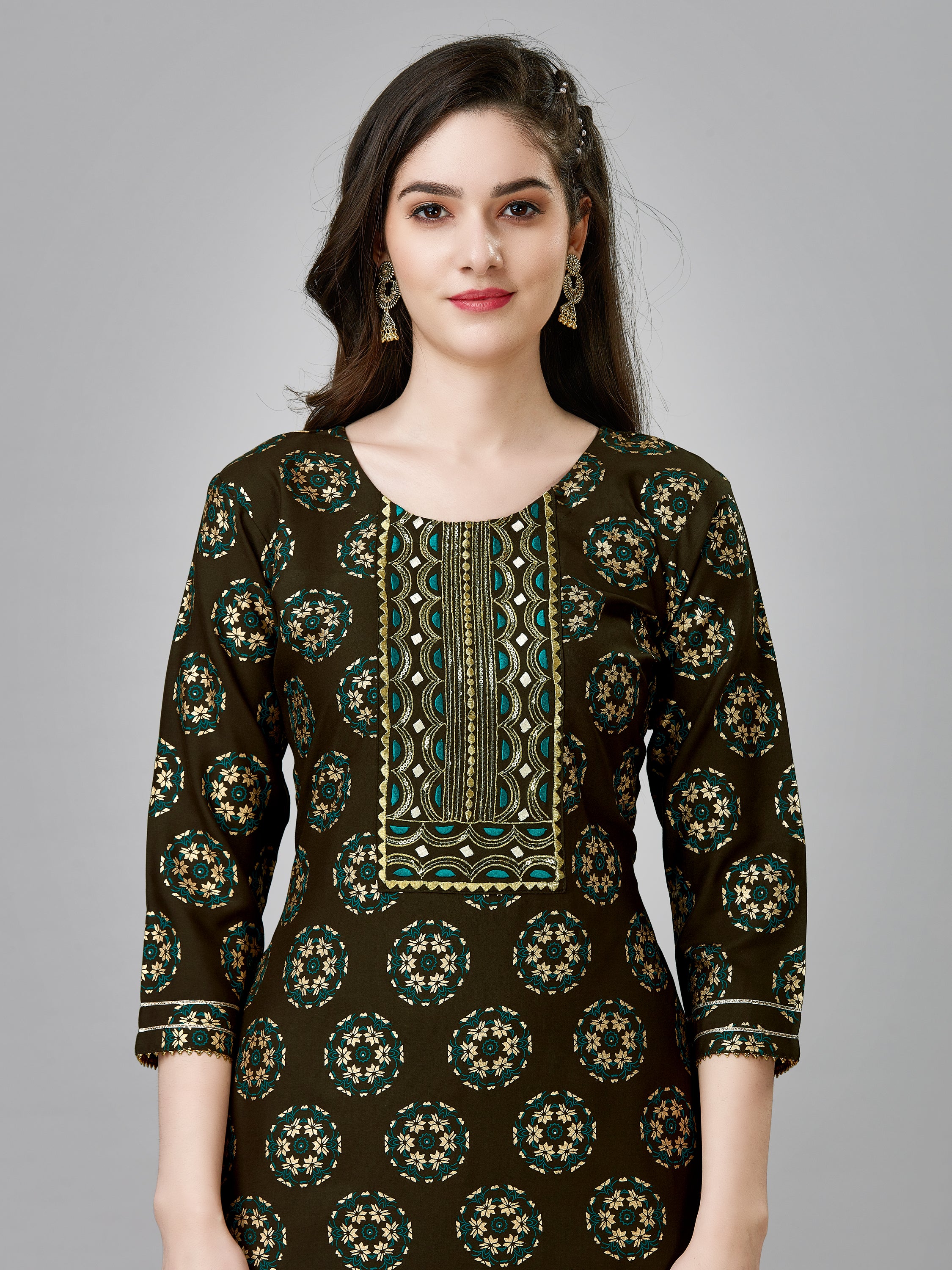 Embroidered Dark Coffee Rayon Kurti Pant Sets For Women