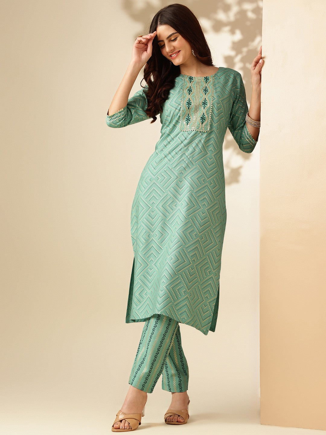 Embroidered Pista Green Rayon Kurta Sets For Women