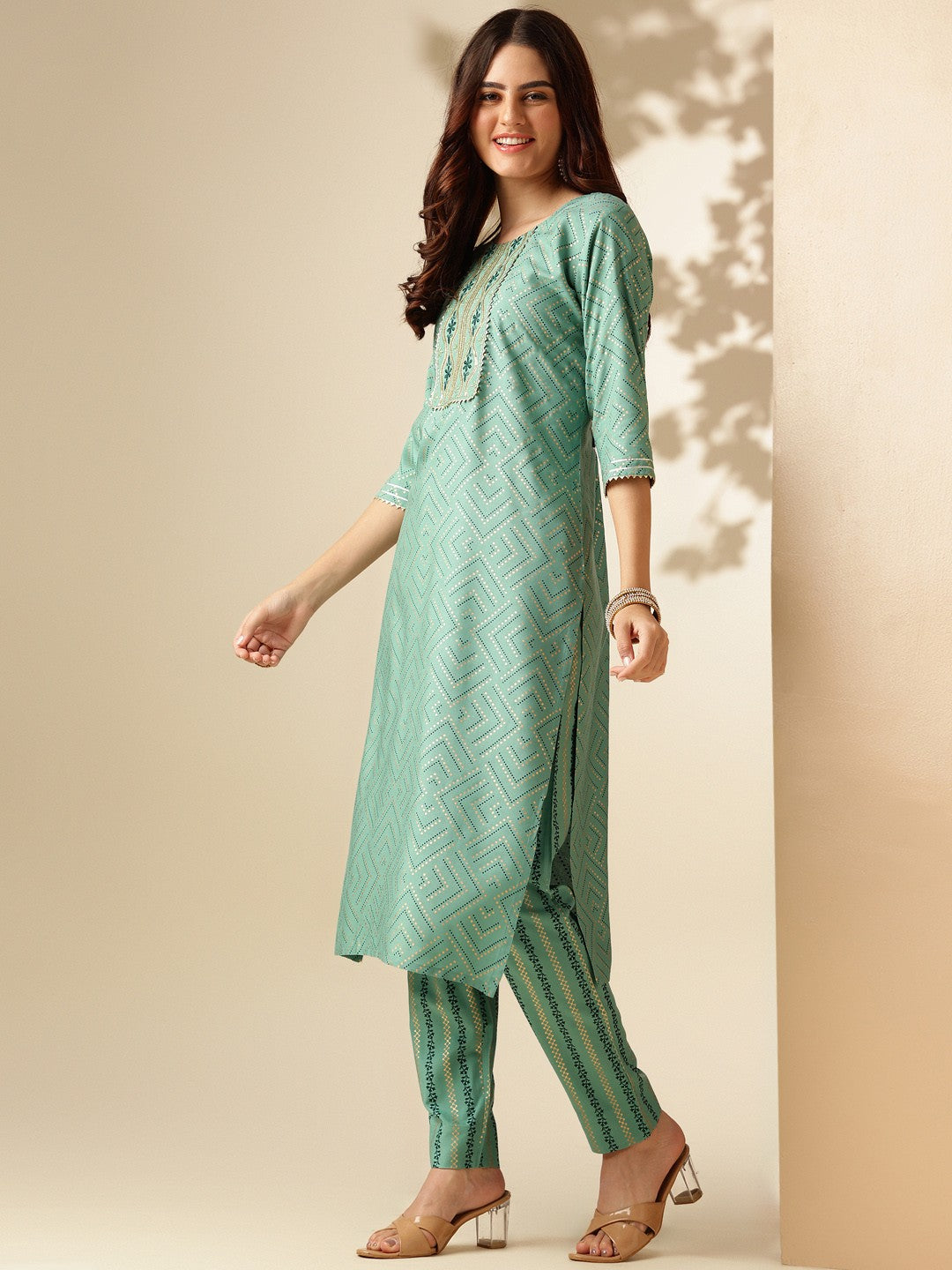 Embroidered Pista Green Rayon Kurta Sets For Women