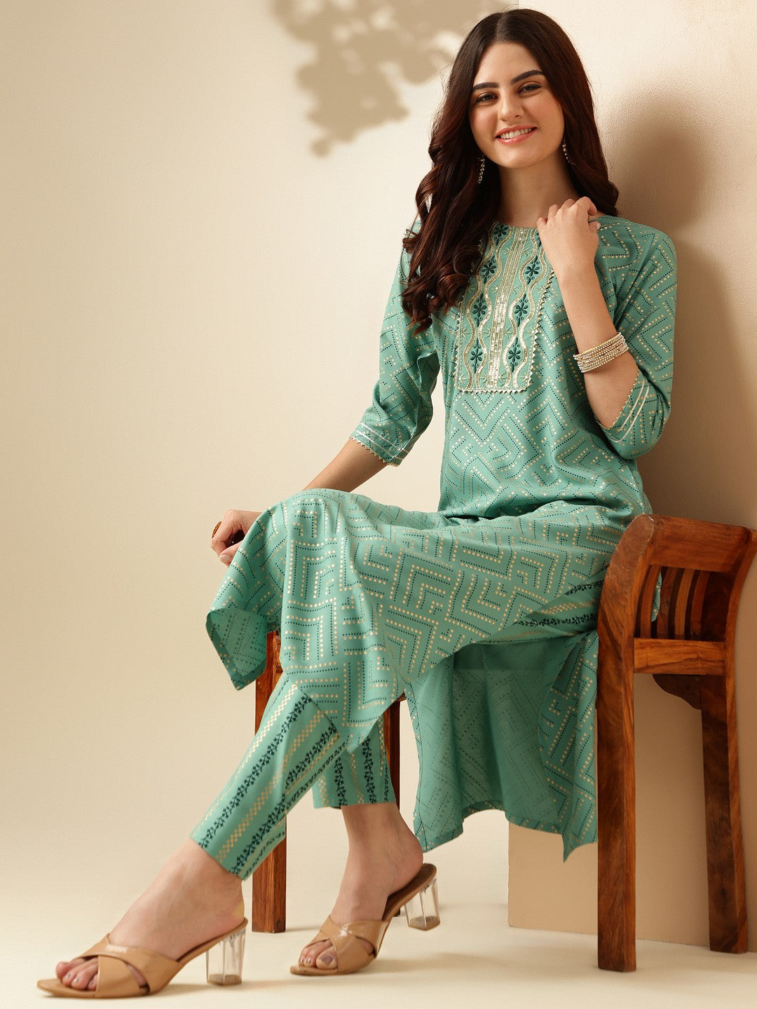 Embroidered Pista Green Rayon Kurta Sets For Women