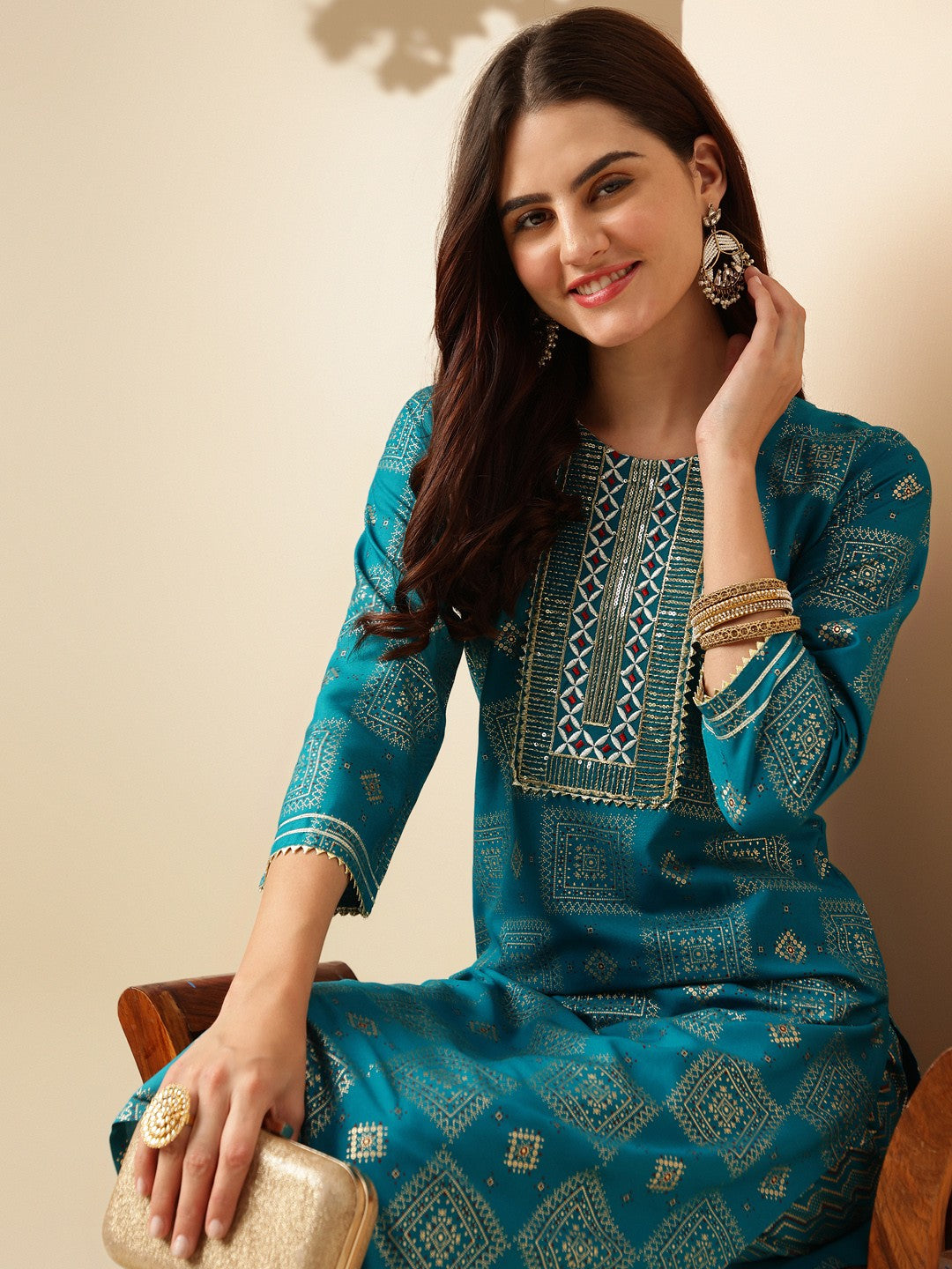 Embroidered Rama Blue Rayon Kurti Pant Sets For Women