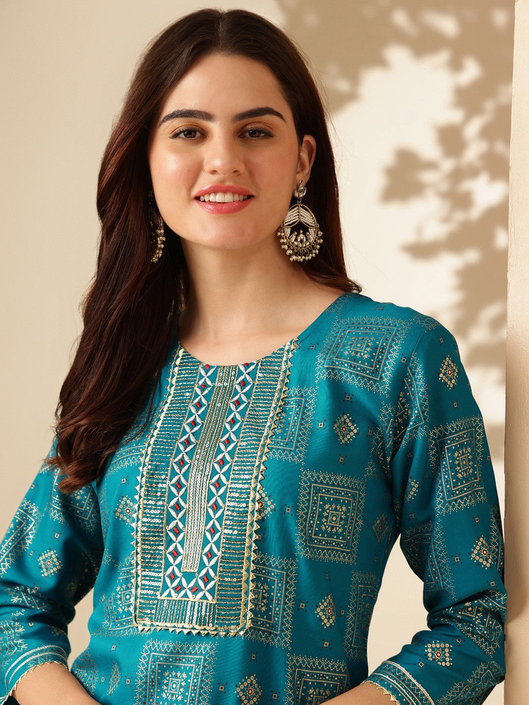 Embroidered Rama Blue Rayon Kurti Pant Sets For Women