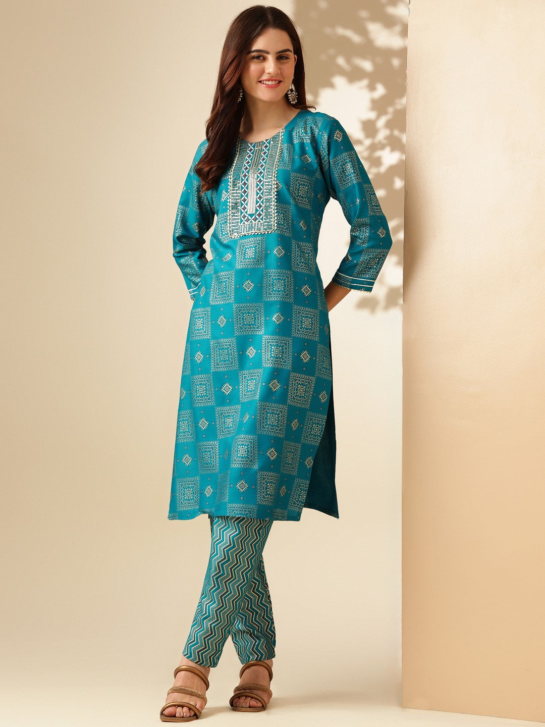 Embroidered Rama Blue Rayon Kurti Pant Sets For Women