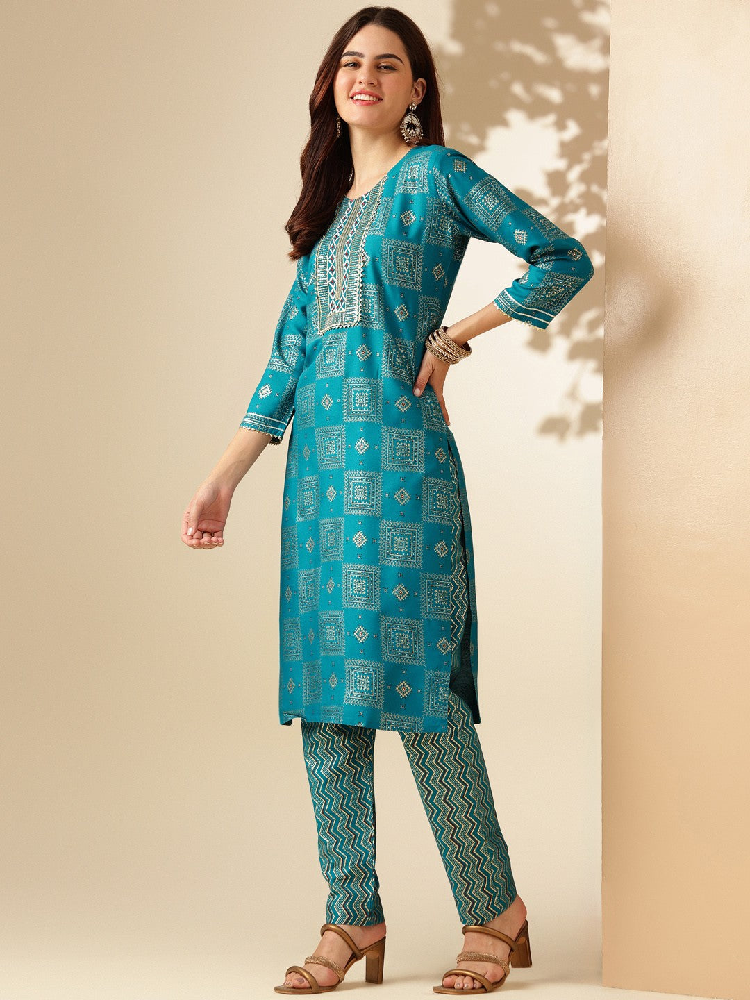 Embroidered Rama Blue Rayon Kurti Pant Sets For Women