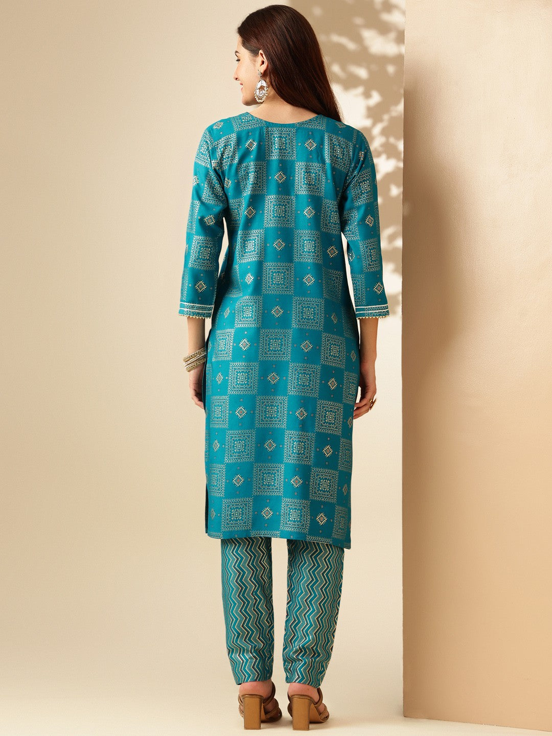 Embroidered Rama Blue Rayon Kurti Pant Sets For Women