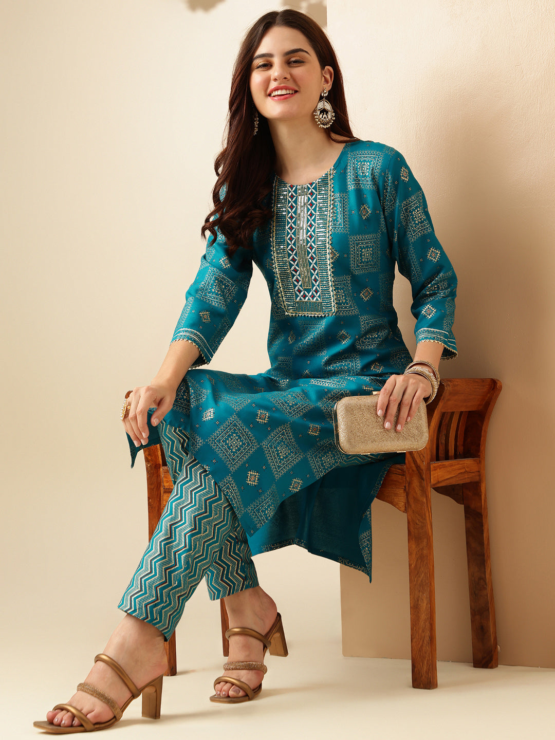 Embroidered Rama Blue Rayon Kurti Pant Sets For Women