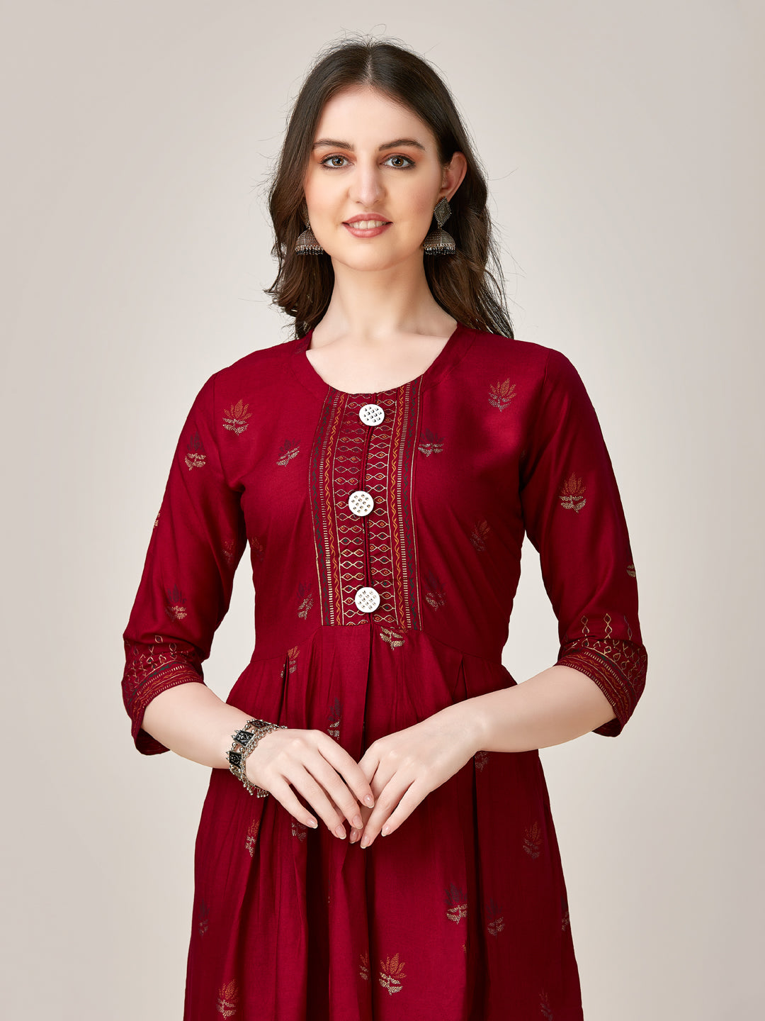 Maroon Rayon Printed Anarkali Suit