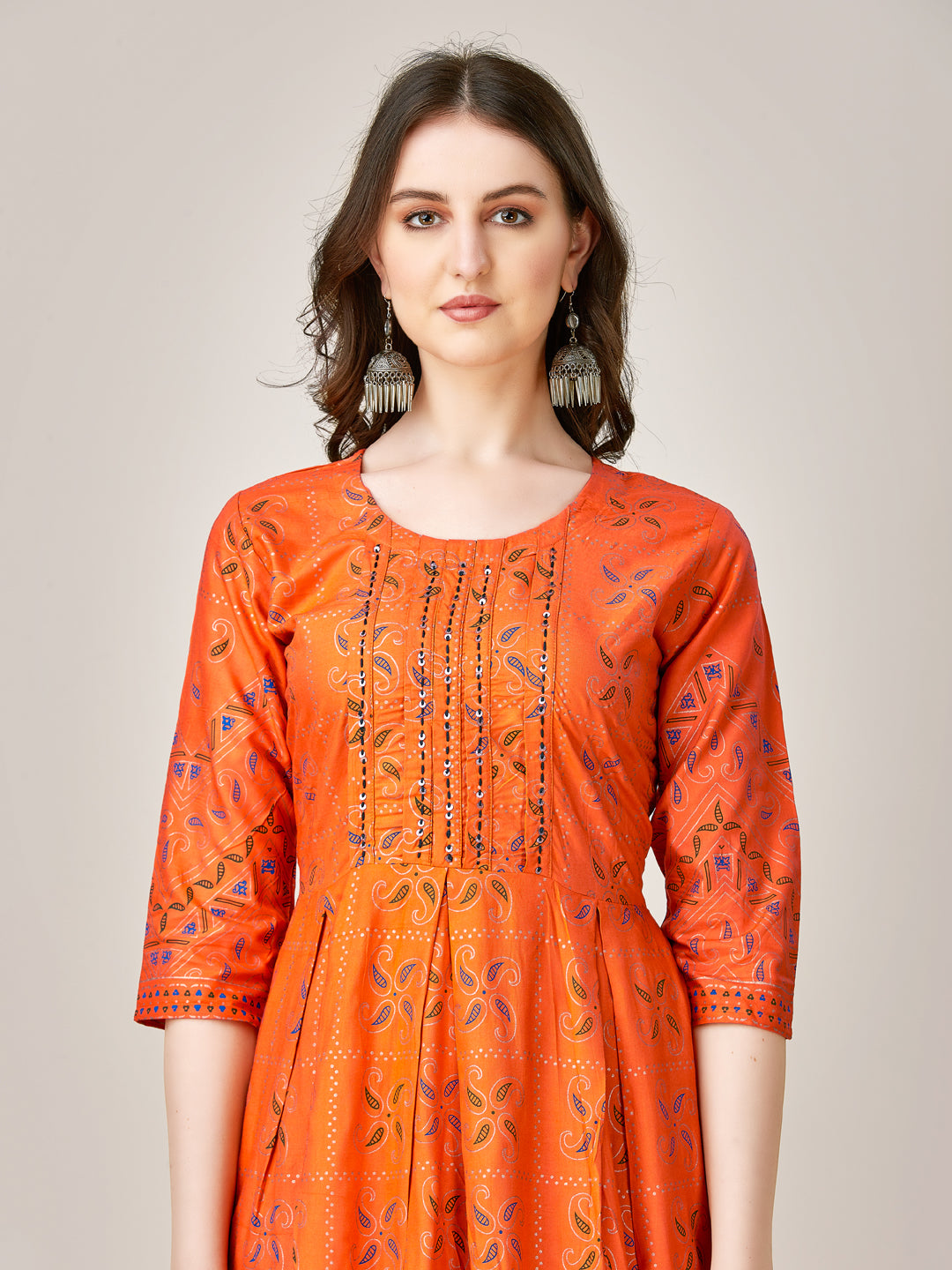 Orange Rayon Foil Printed Anarkali Dress with Thread Work