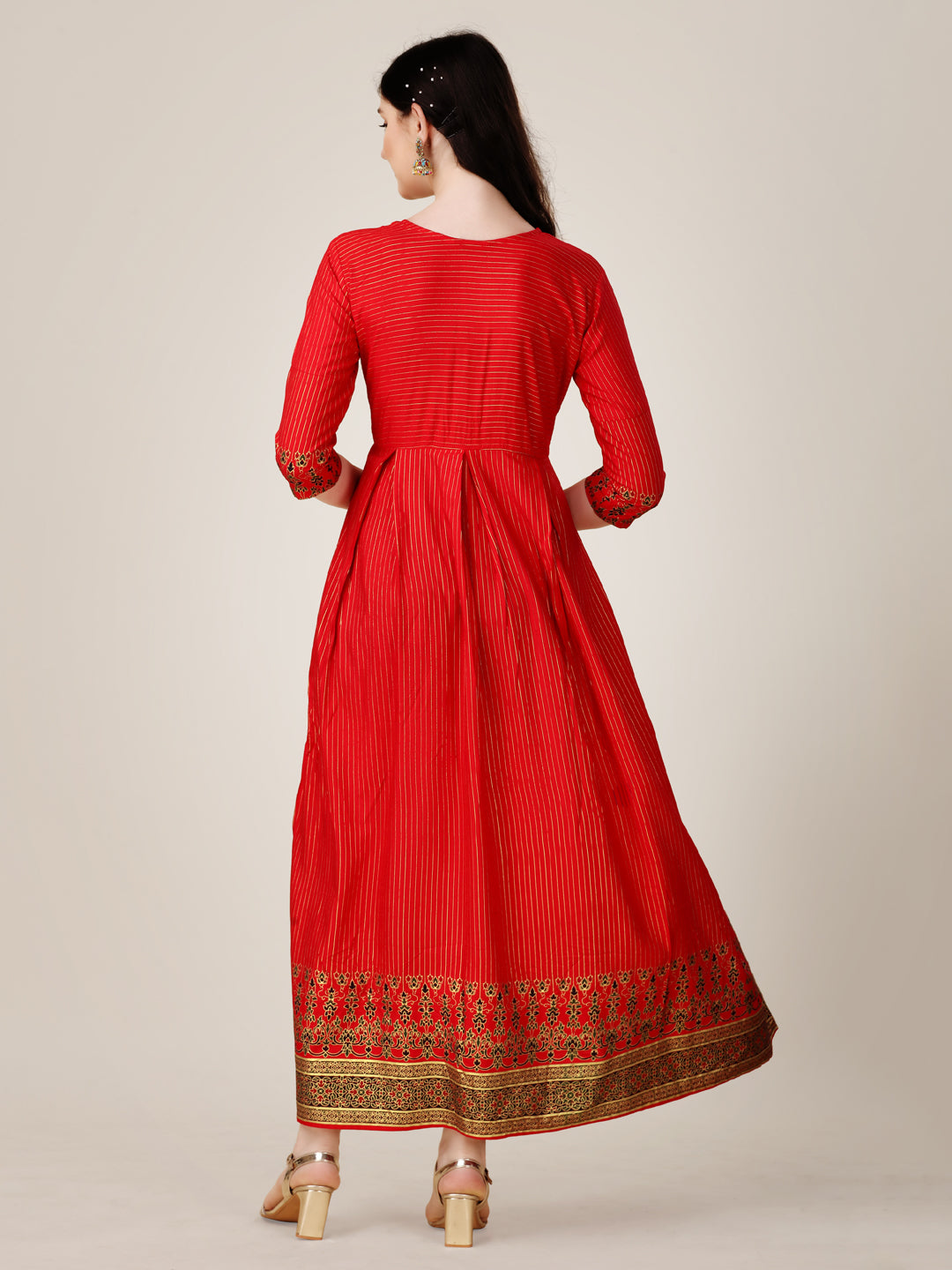 Red Rayon Foil Printed Anarkali Kurta Set Back View