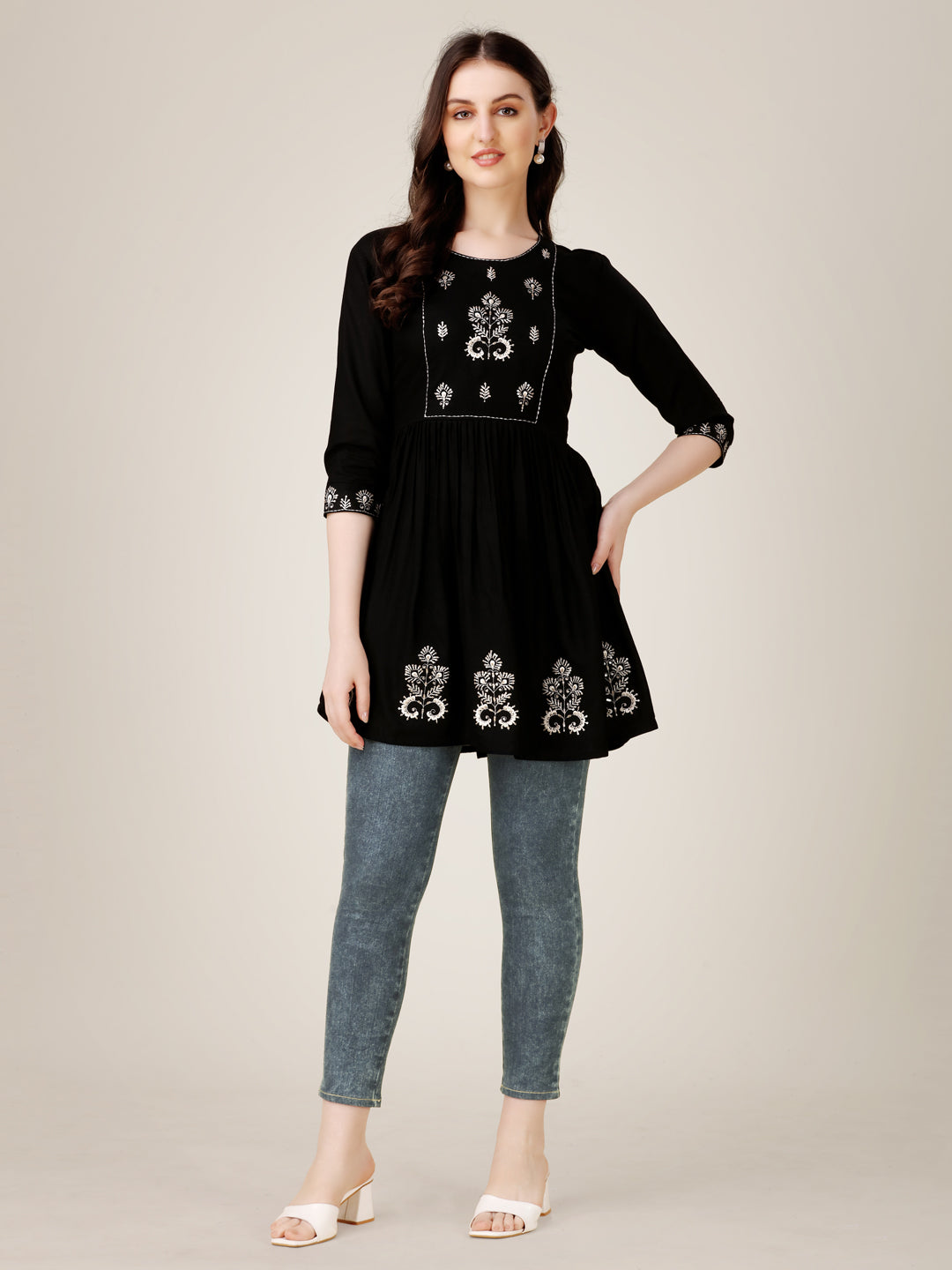 Embroidered Rayon Black Short Kurti For Women