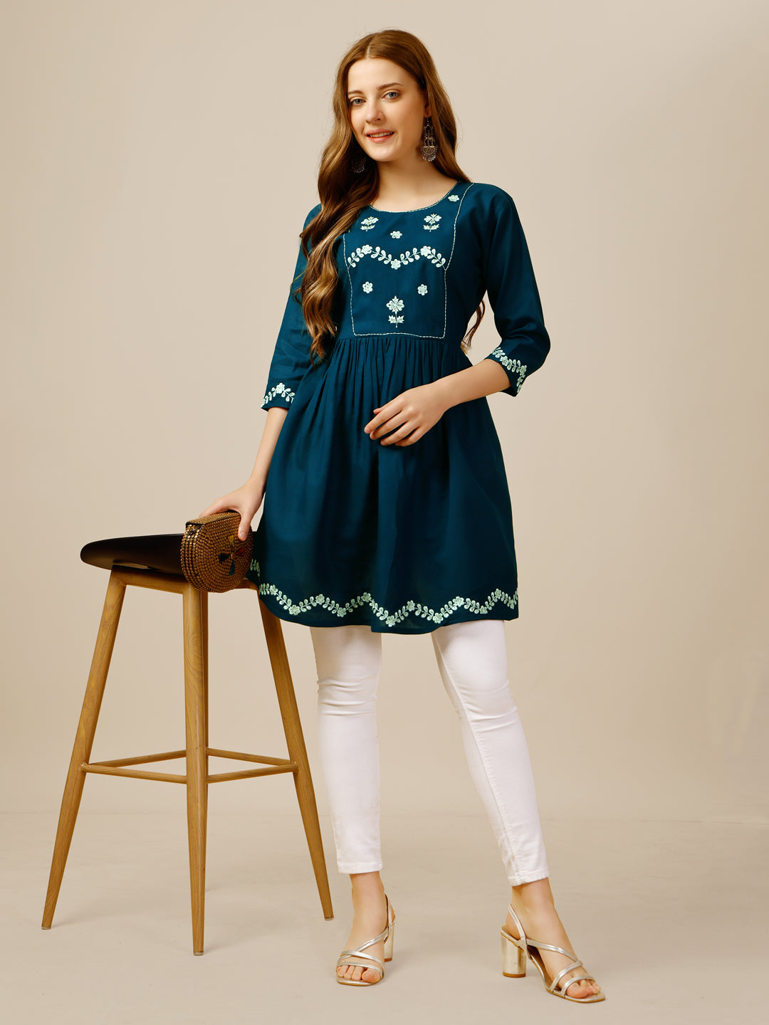 Embroidered Rayon Blue Short Kurti For Women