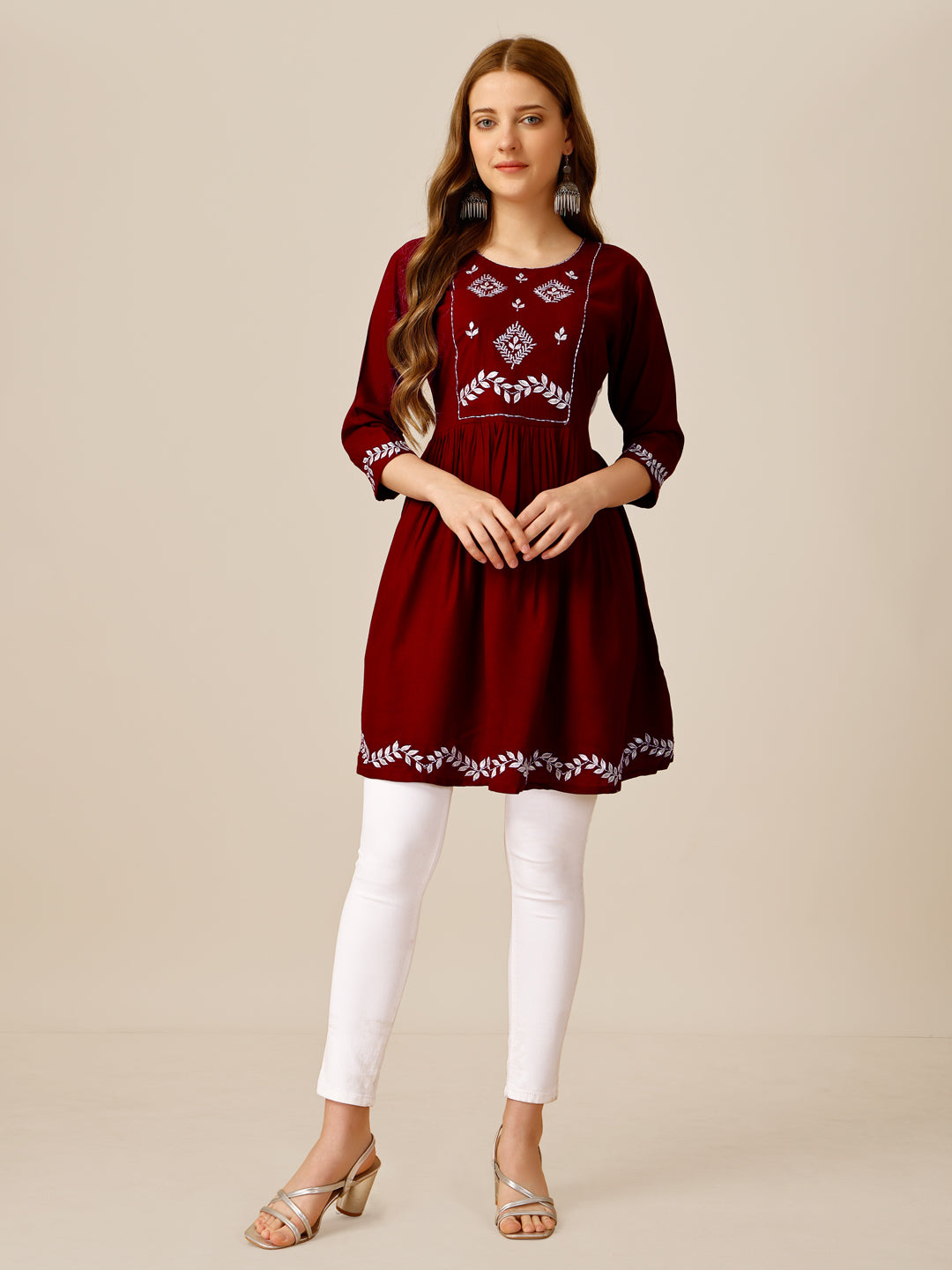 Embroidered Rayon Maroon Short Kurti For Women