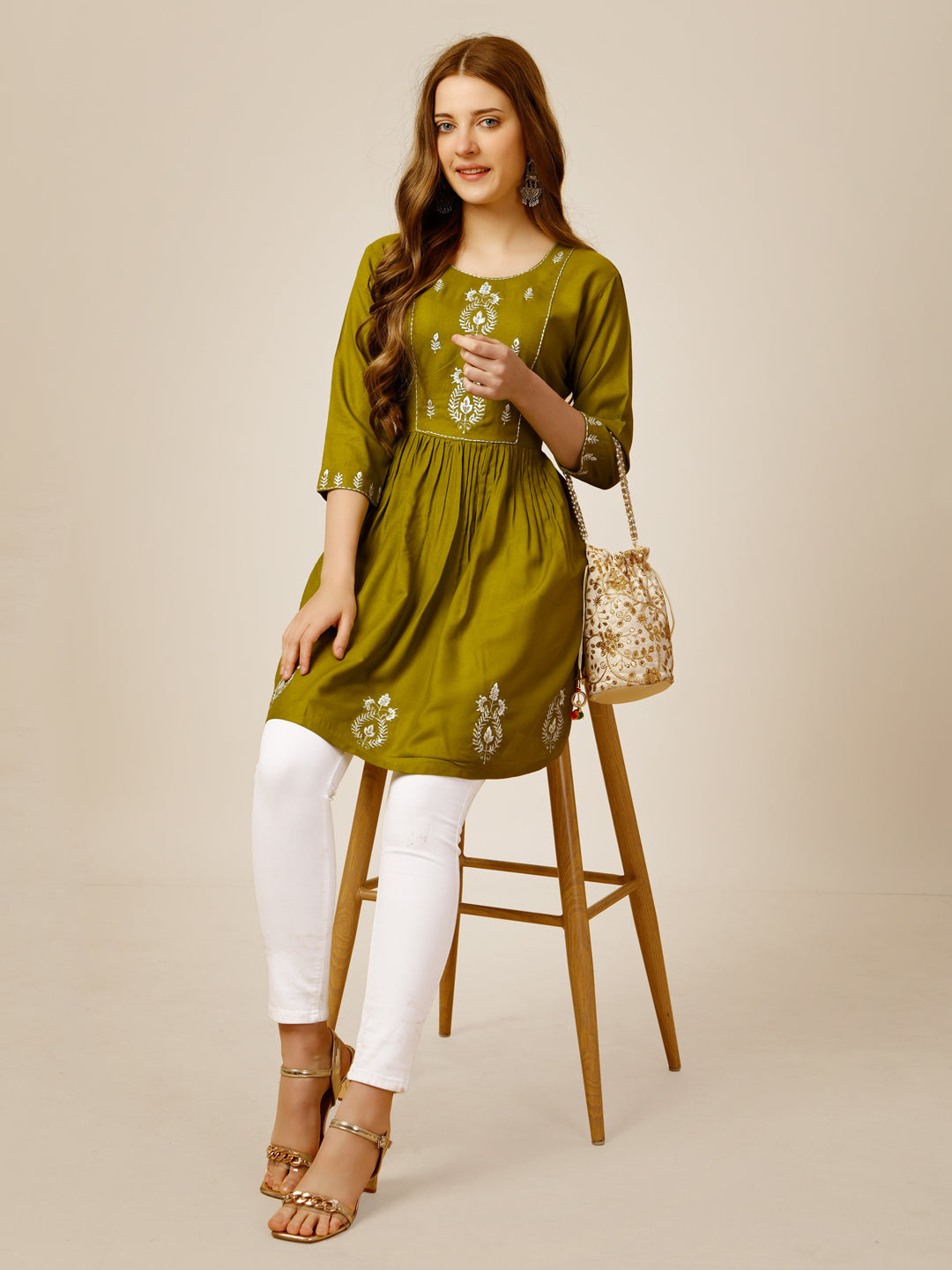 Embroidered Rayon Mehendi Green Short Kurti For Women