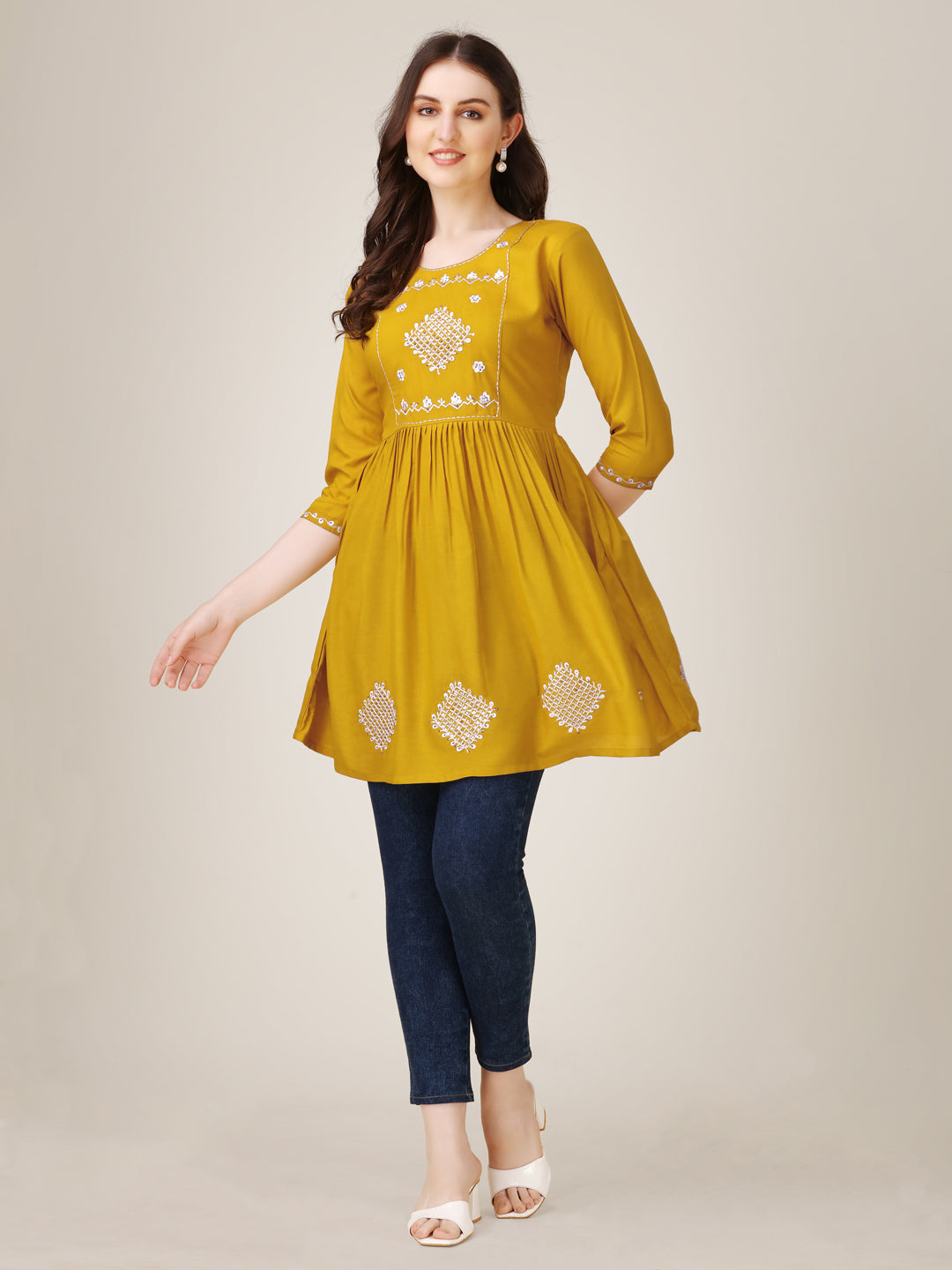 Embroidered Rayon Mustard Yellow Short Kurti For Women