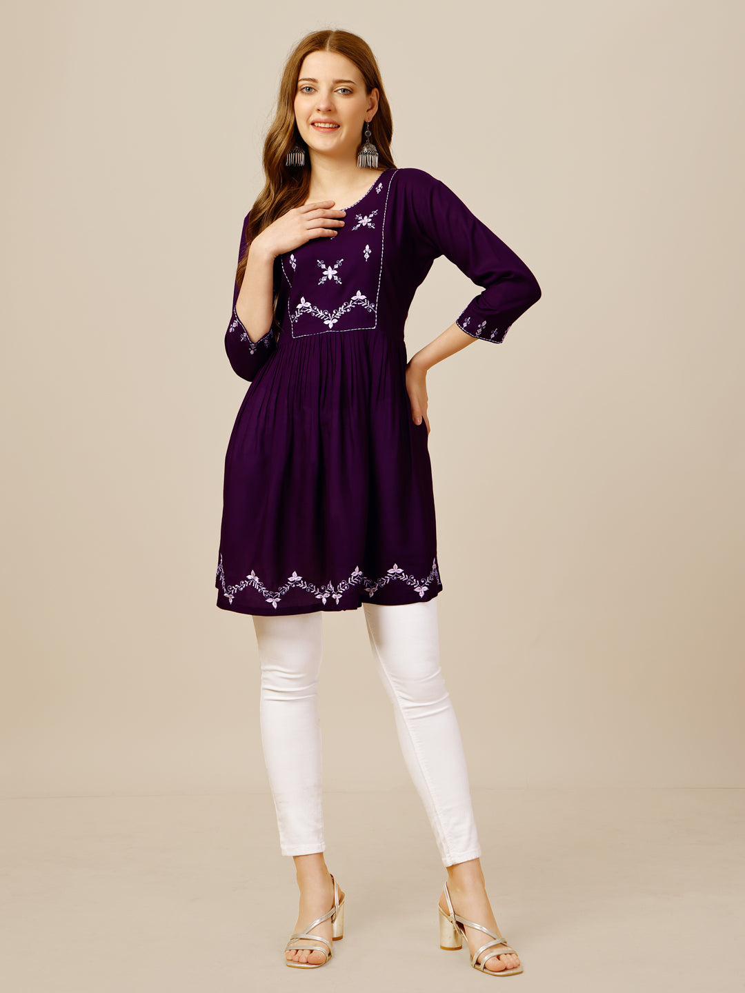 Embroidered Rayon Purple Short Kurti For Women