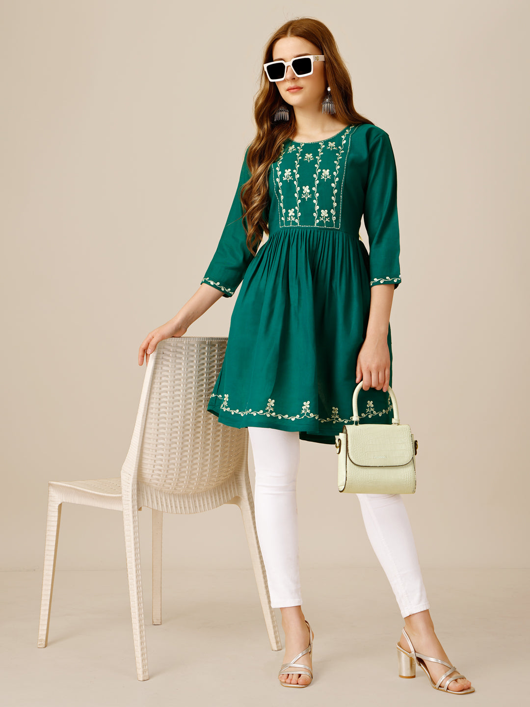 Embroidered Rayon Rama Green Short Kurti For Women