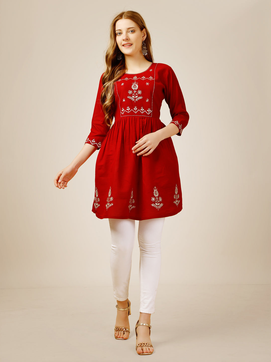 Embroidered Rayon Red Short Kurti For Women