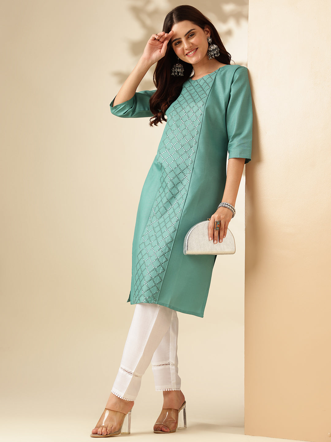 Embroidered Teal Cotton Kurta Pant Sets For Women