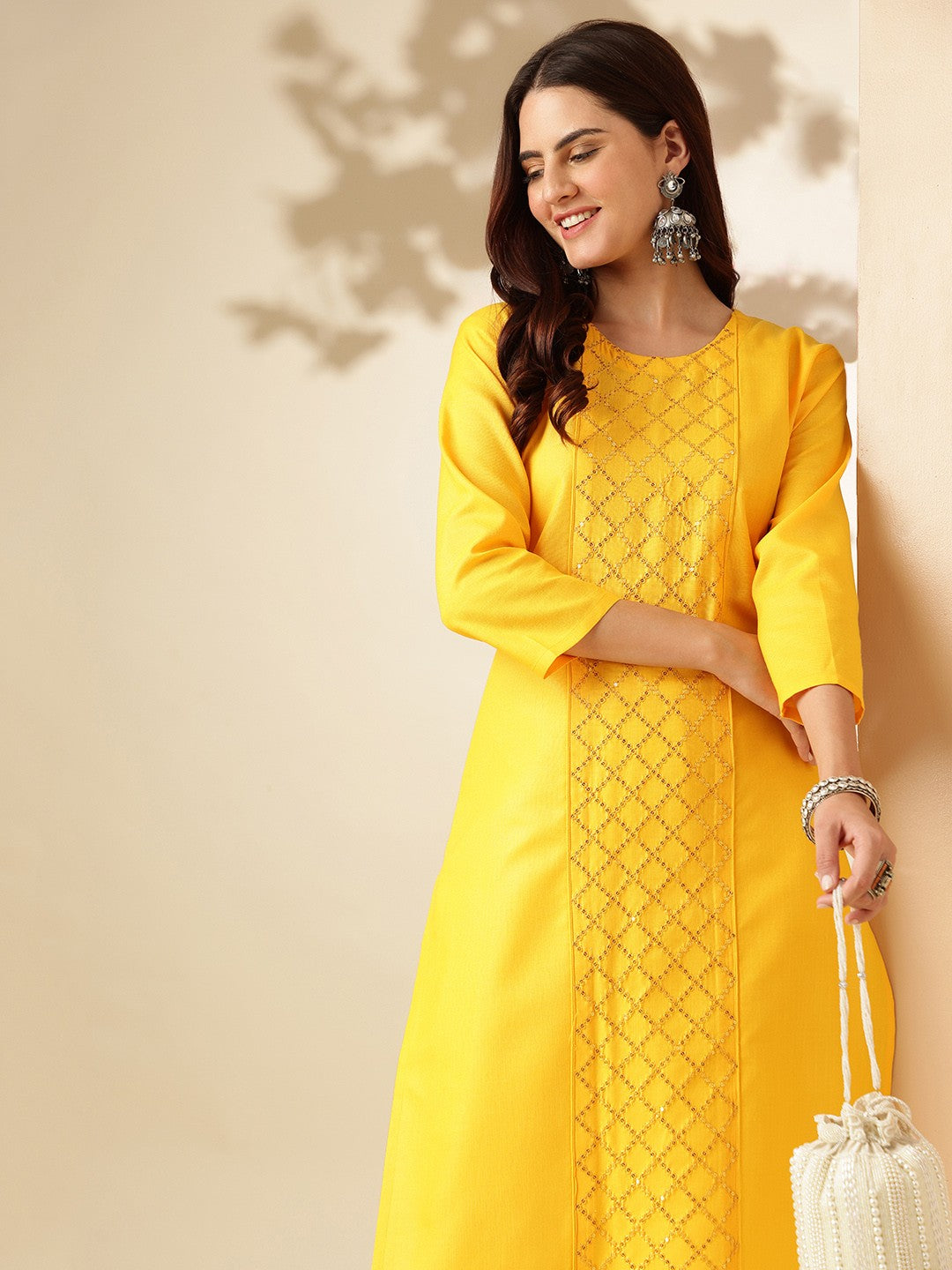 Embroidered Yellow Cotton Kurta Sets For Women