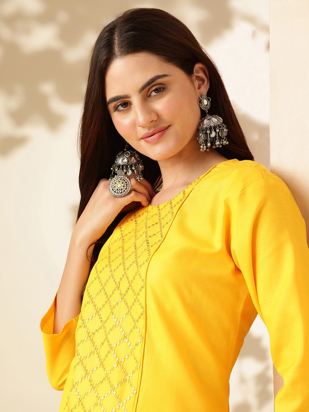 Embroidered Yellow Cotton Kurta Sets For Women