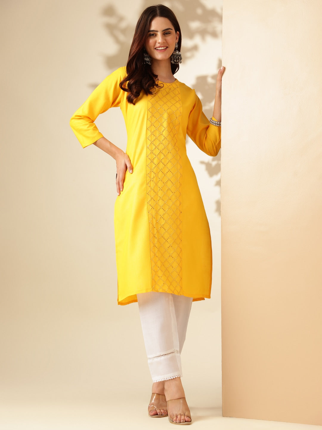 Embroidered Yellow Cotton Kurta Sets For Women