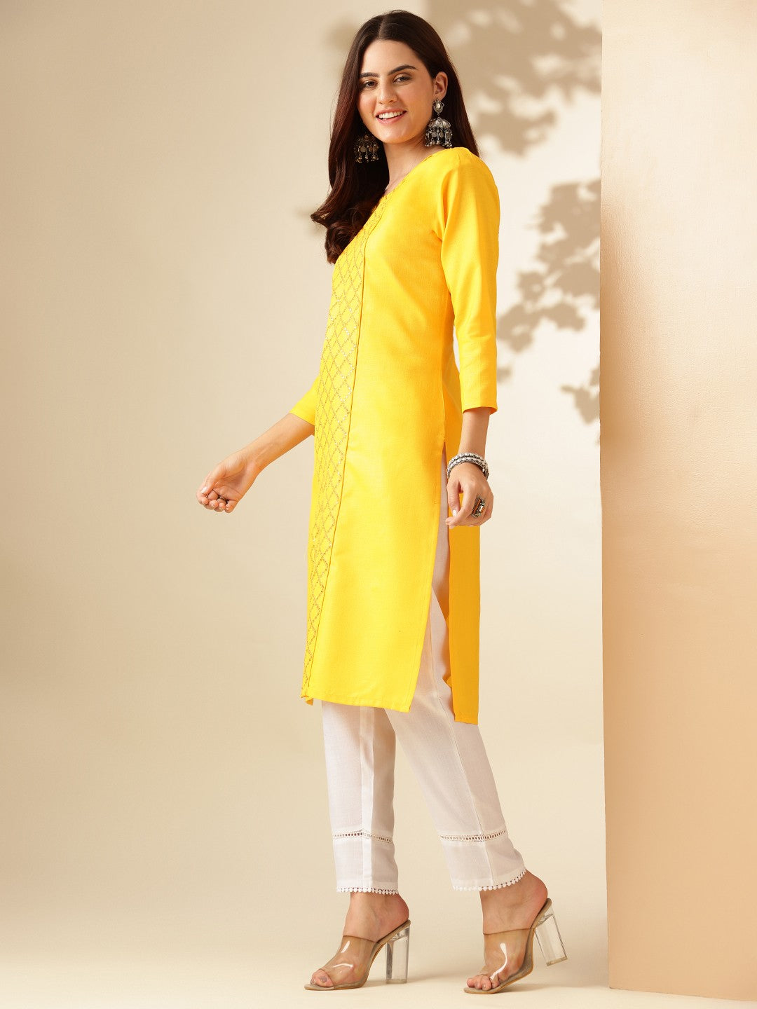 Embroidered Yellow Cotton Kurta Sets For Women