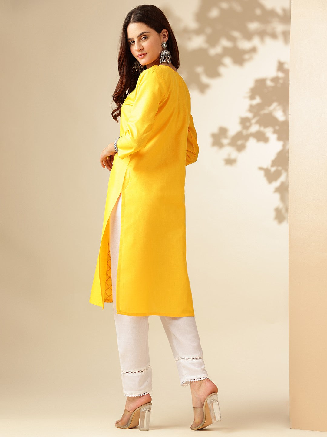 Embroidered Yellow Cotton Kurta Sets For Women