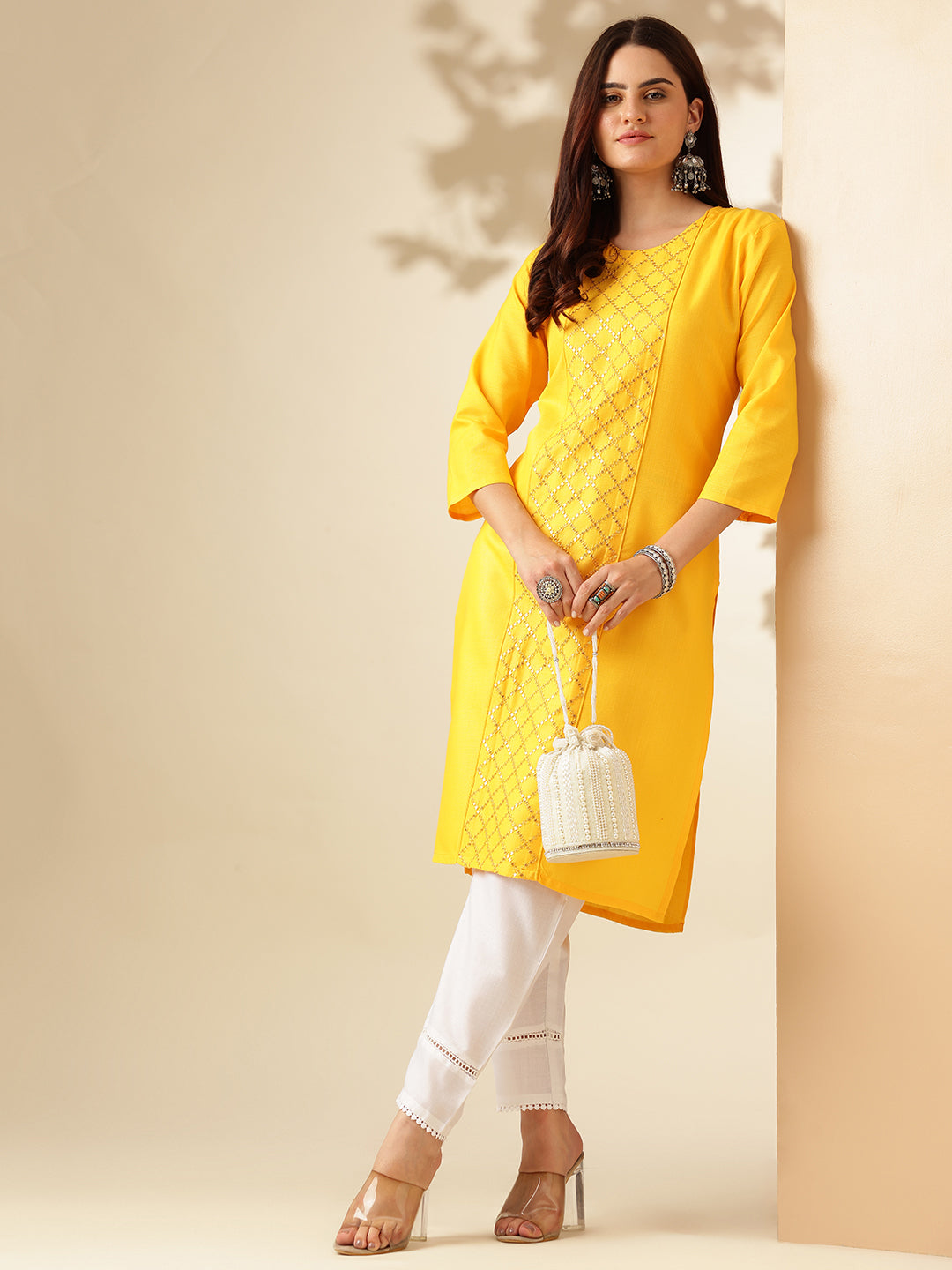 Embroidered Yellow Cotton Kurta Sets For Women