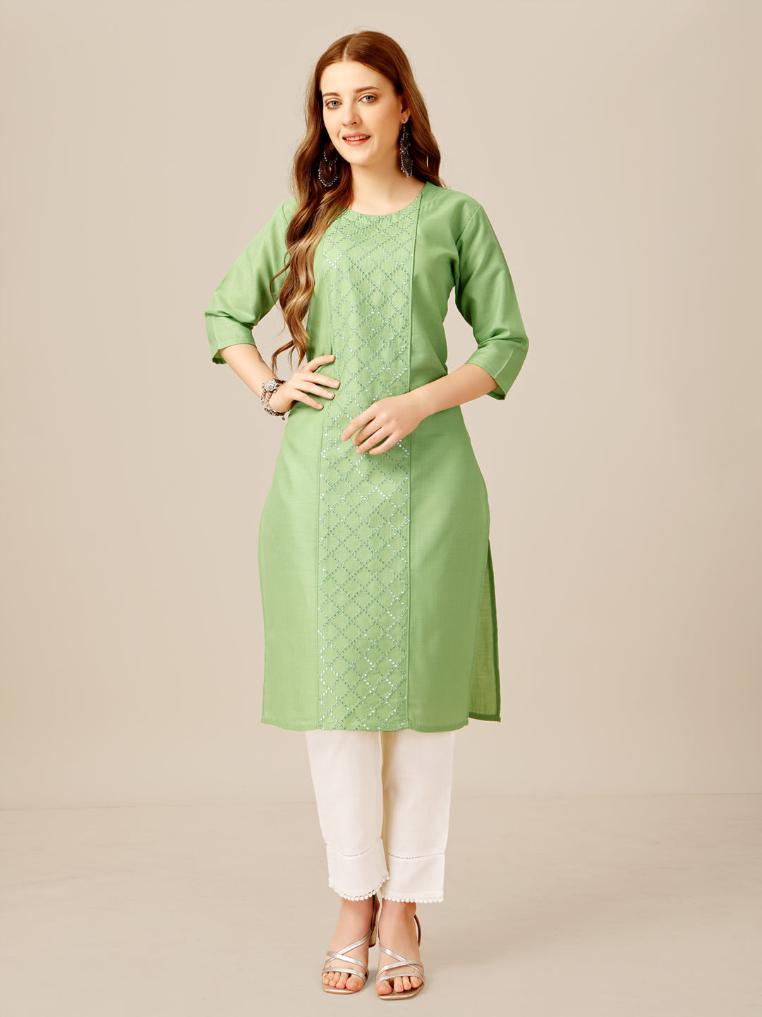 Embroidered Lime Green Cotton Kurta Sets For Women