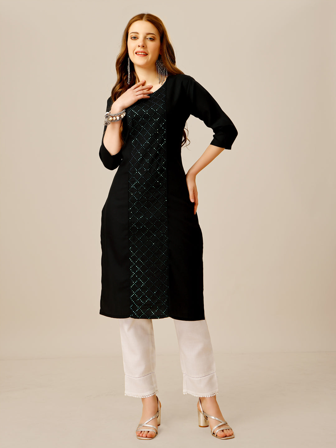 Embroidered Black Cotton Kurti Pant Sets For Women