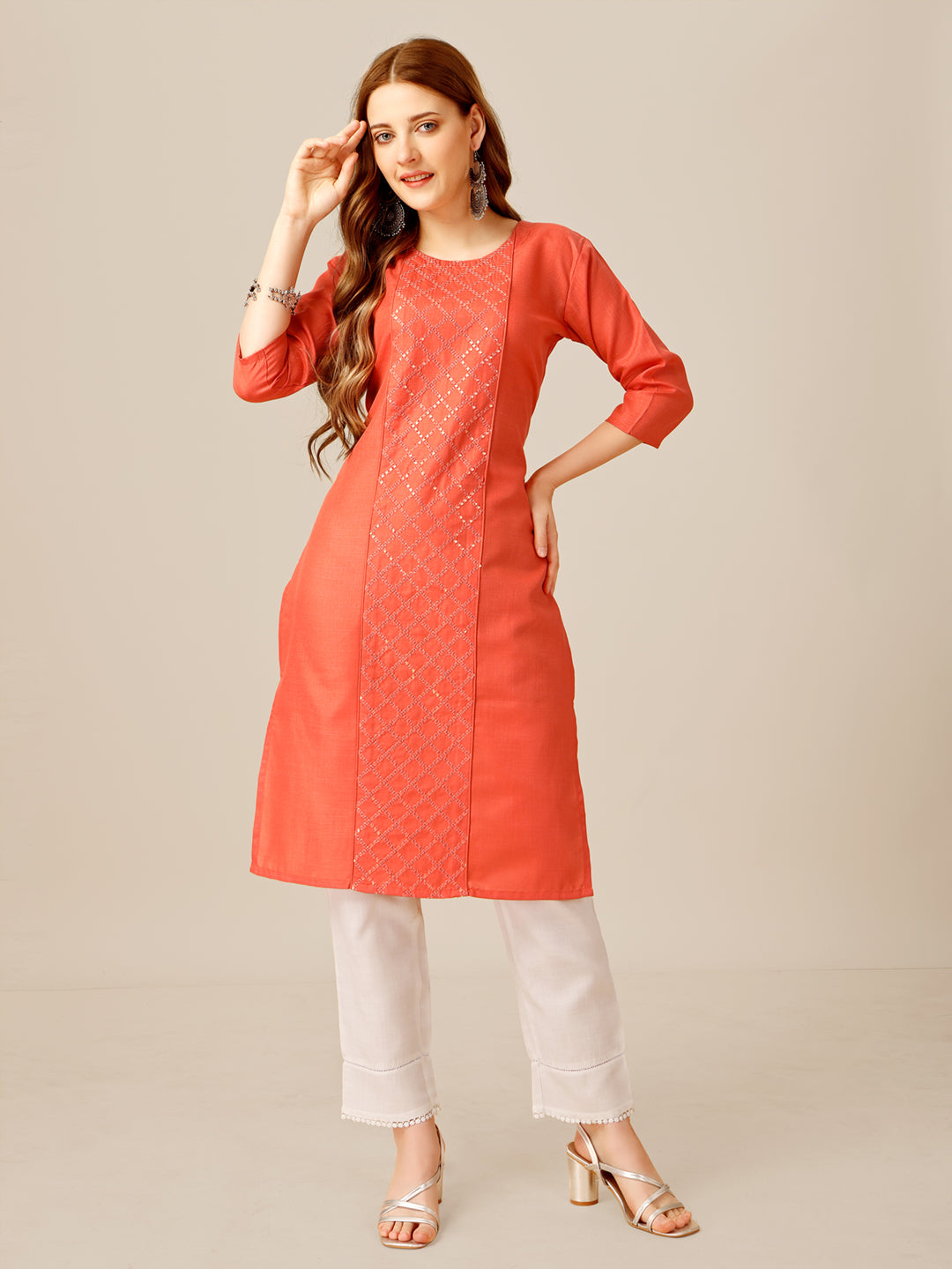 Embroidered Orange Cotton Kurta Sets For Women