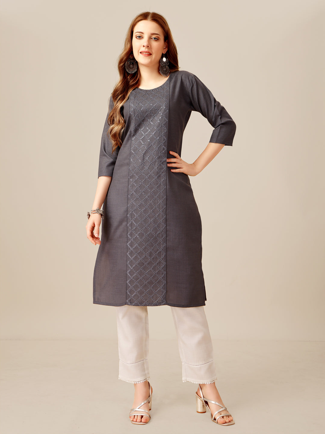 Embroidered Grey Cotton Kurta Sets For Women