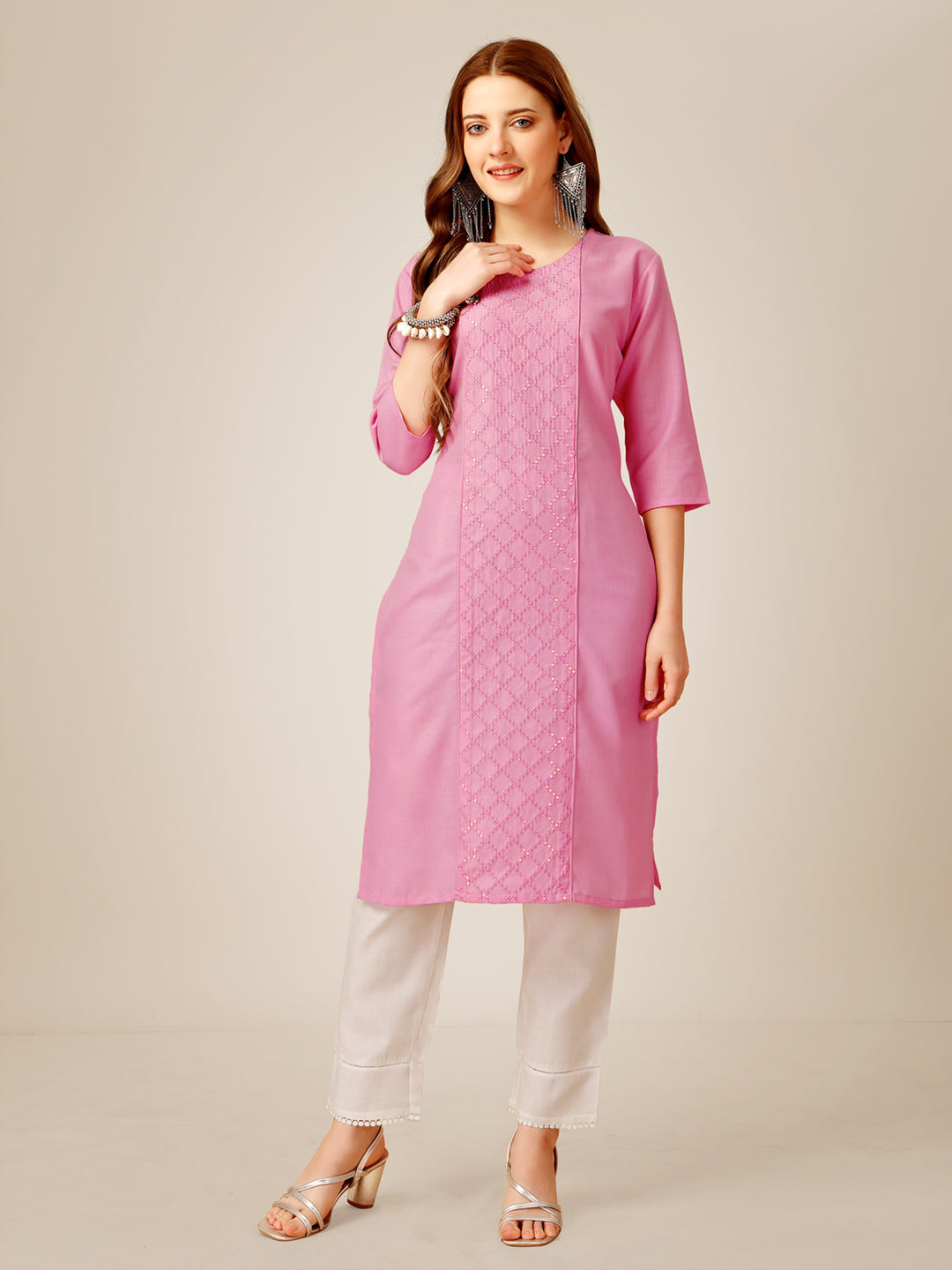 Embroidered Pink Cotton Kurta Pant Sets For Women