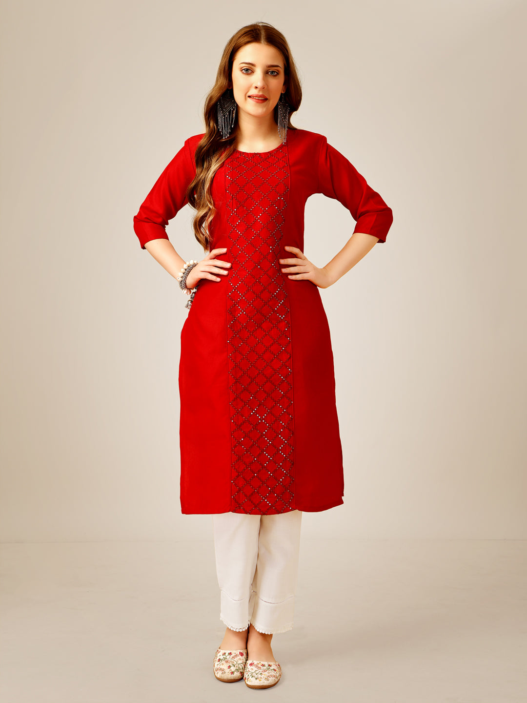 Embroidered Red Cotton Kurta Pant Sets For Women