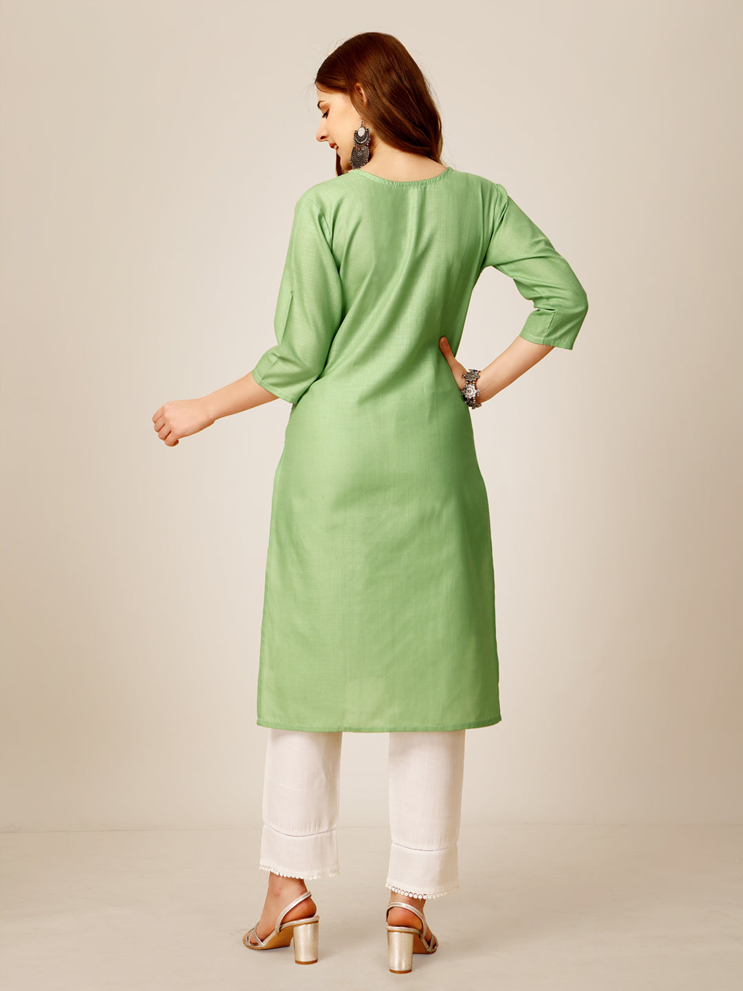 Embroidered Lime Green Cotton Kurta Sets For Women