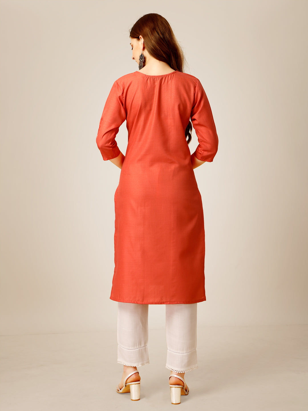 Embroidered Orange Cotton Kurta Sets For Women